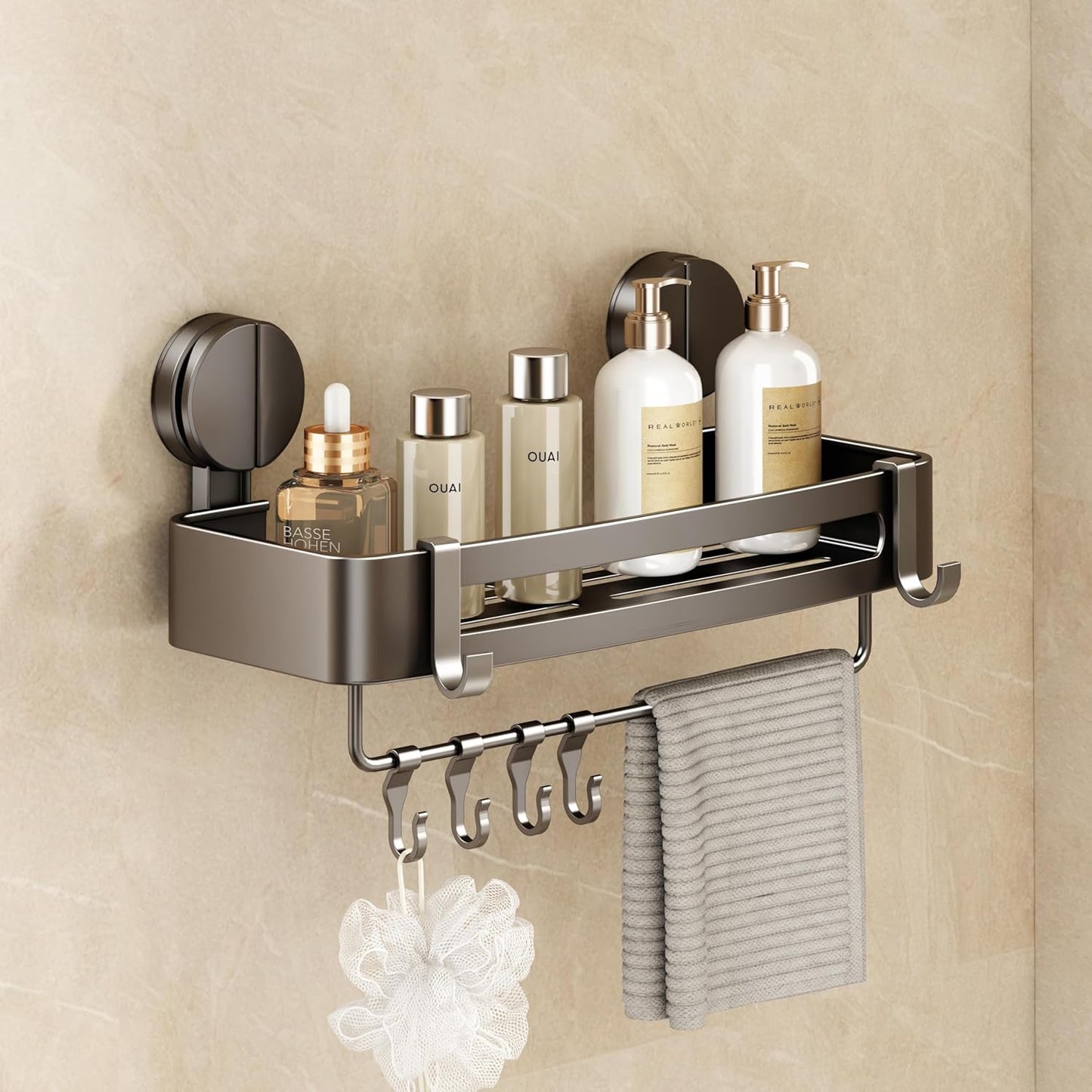 VOLPONE Shower Caddy Suction Cup, 1 Pack Corner Shower Shelves No Drilling, Showers Organizer Storage with Towel Bar & Removable Hooks, Bathroom Shower Shelf Rack for Inside Showers, Square