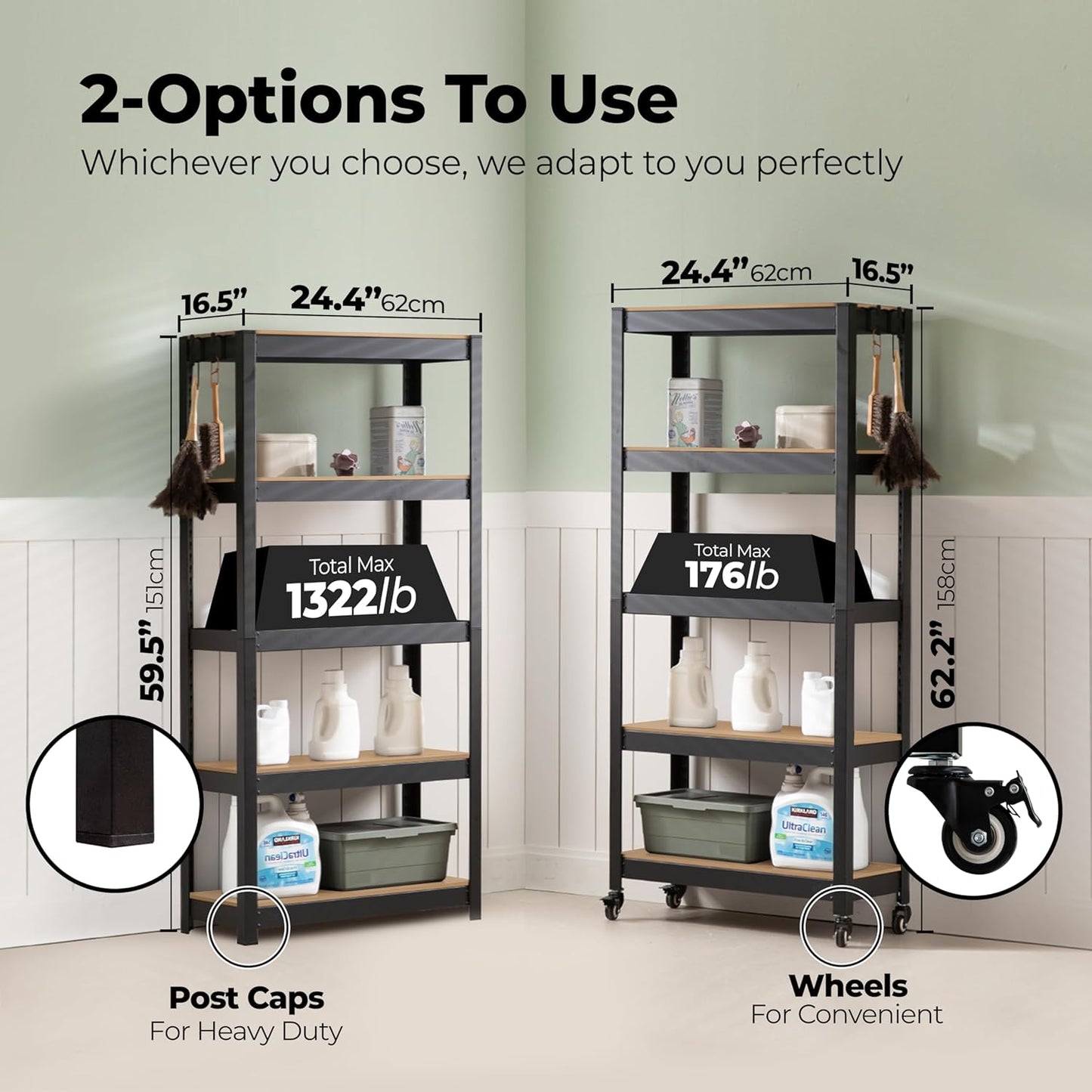 HOMEDANT House 5-Tier Metal Rolling Cart Shelf Rack Casters Heavy Duty Laminated Wheel Shelving Unit Adjustable Utility Storage Shelves Organizer Shelf Kitchen Garage 24.4" W x 16.5" D x 62.2" H 2Pack