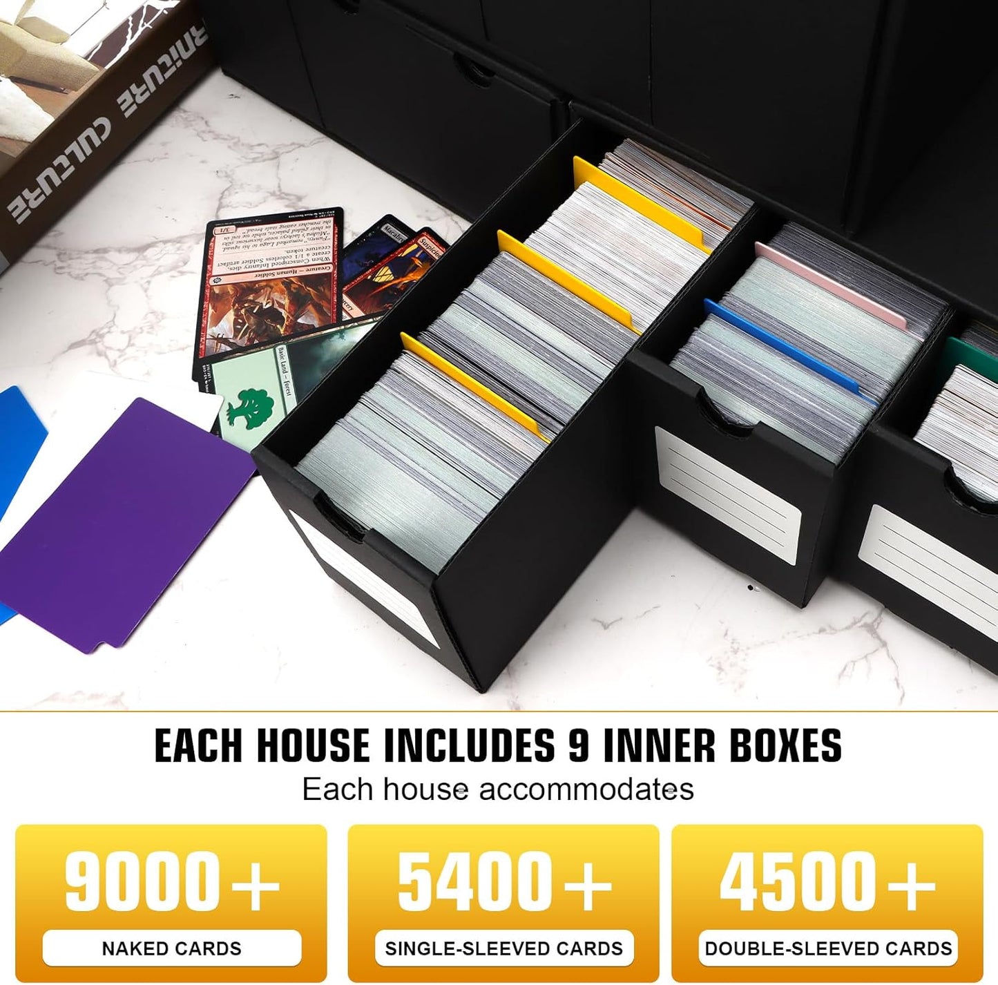 Trading Card Storage Box, Includes 9-600 CT Boxes & 48 Card Dividers, 9000+ Trading Card Organizer for Collectible Card Games, for TCG, YGO, MTG, PTCG, Baseball Cards, with Labels & Tapes