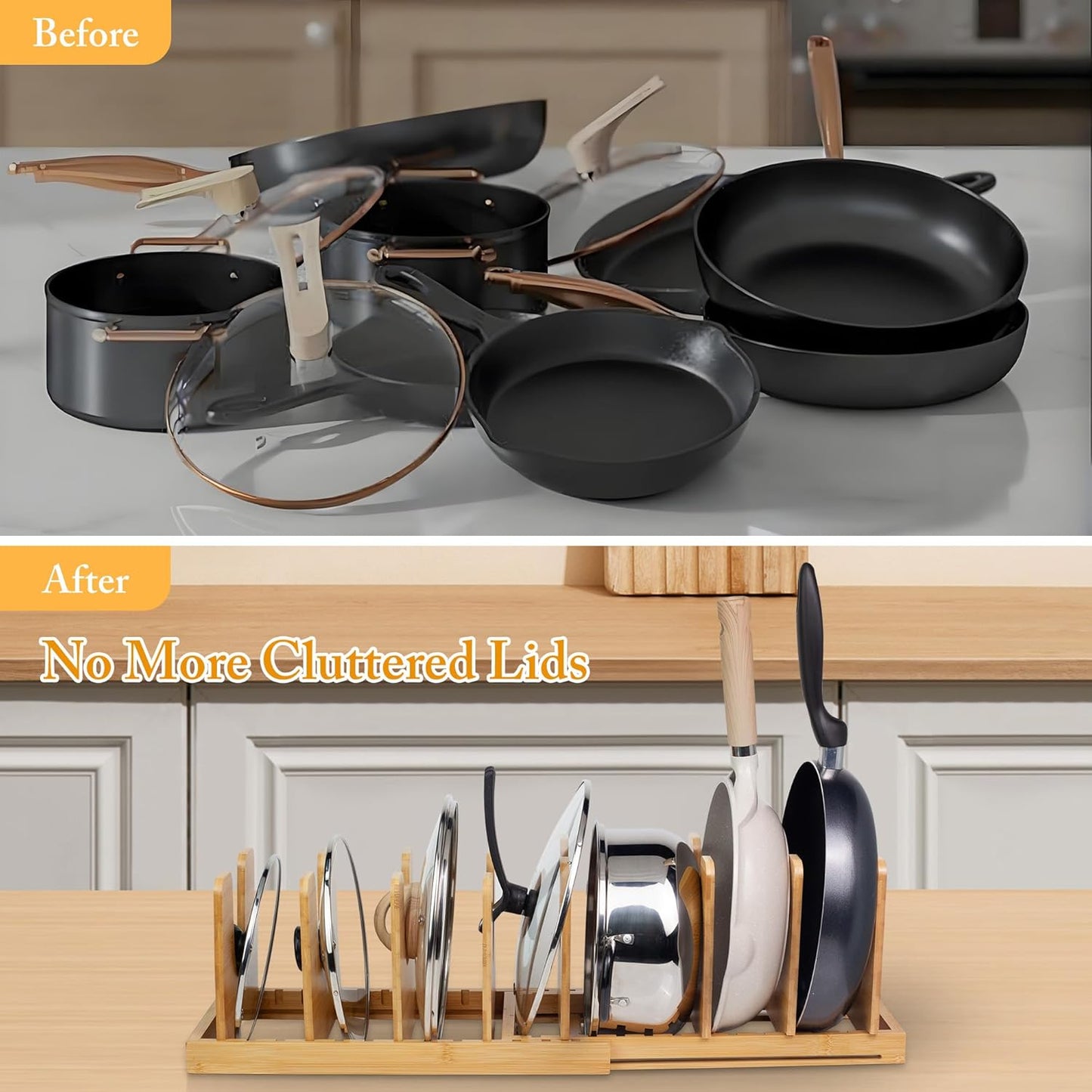 MinBoo Bamboo Expandable Pot Lid Organizer, Pot and Pan Organizer Drawer Organizer for Pot Lids, Adjustable 8 U-Shaped Dividers for Kitchen Cabinet Organizers and Storage (Bamboo-1)