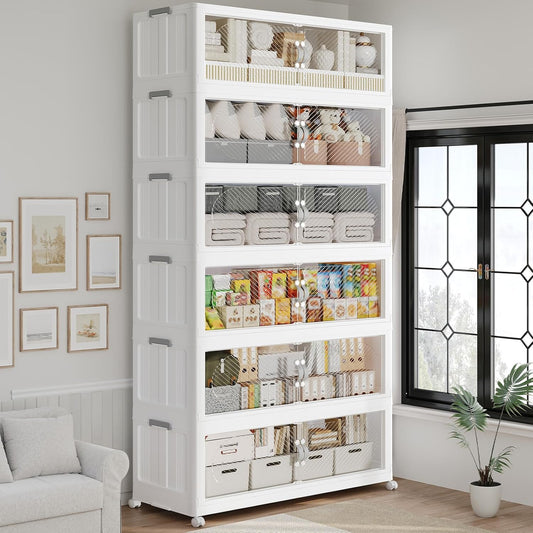 720QT Extra Large Stackable Storage Bins with Lid & Wheels & Doors, 180Gal Foldable Collapsible Closet Organizers, Plastic Cabinet Box Container Drawer for Home Kitchen Bedroom, 6Pack White