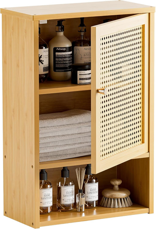 HITNET Bathroom Wall Cabinet, Rattan Medicine Cabinet, Bamboo Hanging Storage Organizer Over The Toilet with Adjustable Shelf for Living Room, Kitchen, Hallway(Natural)