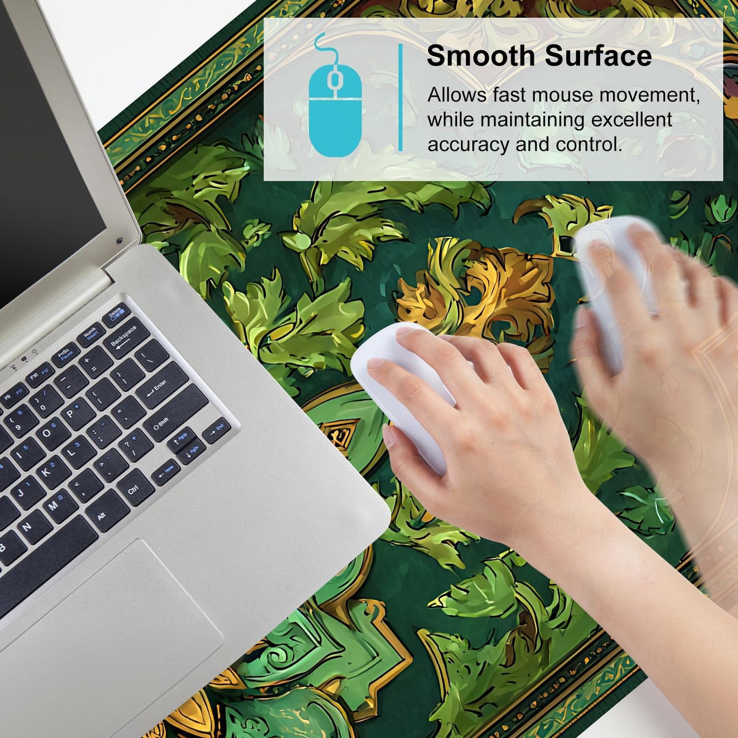 Green Vintage Floral Mouse Pad – Large Extended Desk Mat 35.43 x 15.75 in – Ornate Oriental Carpet Design with Gold & Emerald Motif, Waterproof Surface,Keyboard & Mouse Pad for Office & Home