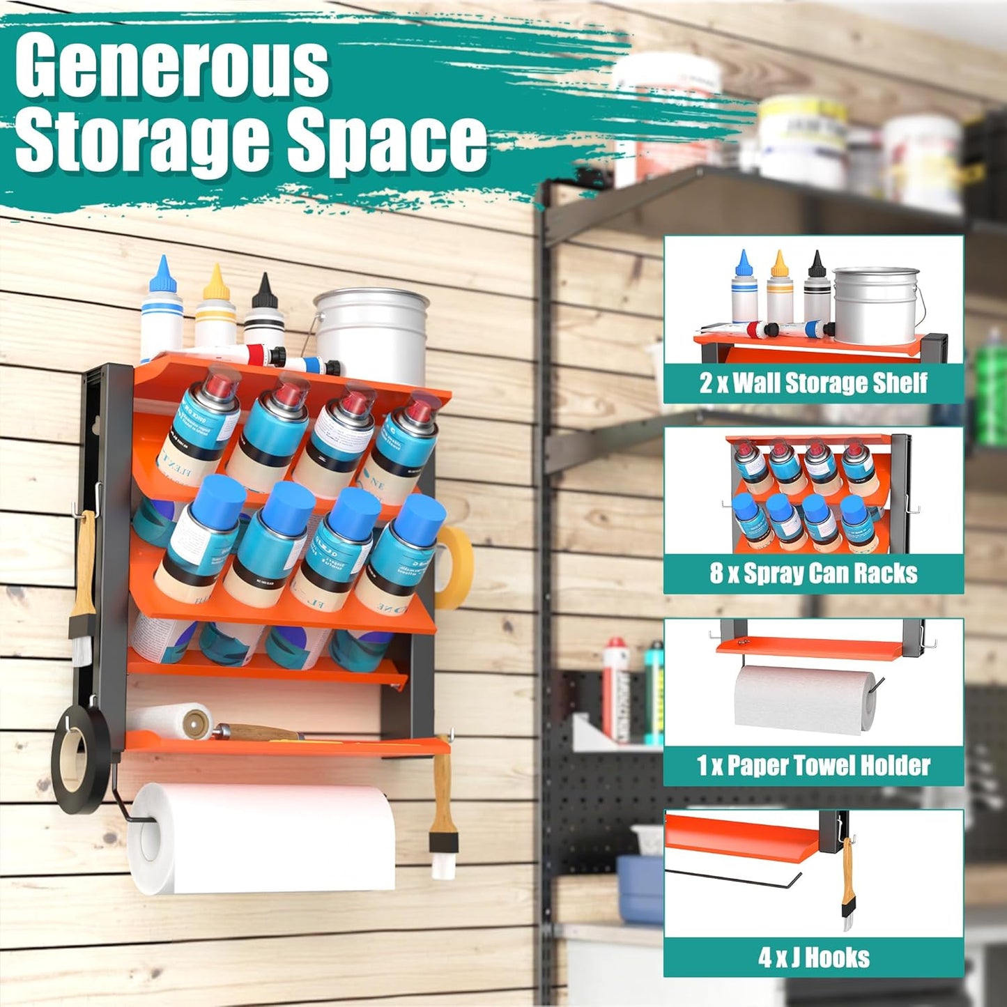 EVERHANGER Spray Can Holder, Lube Can Wall Mount Storage Rack Heavy Duty Paint Bottle Organizer for Garage & Home | 8 Can Holes & 2 Shelf