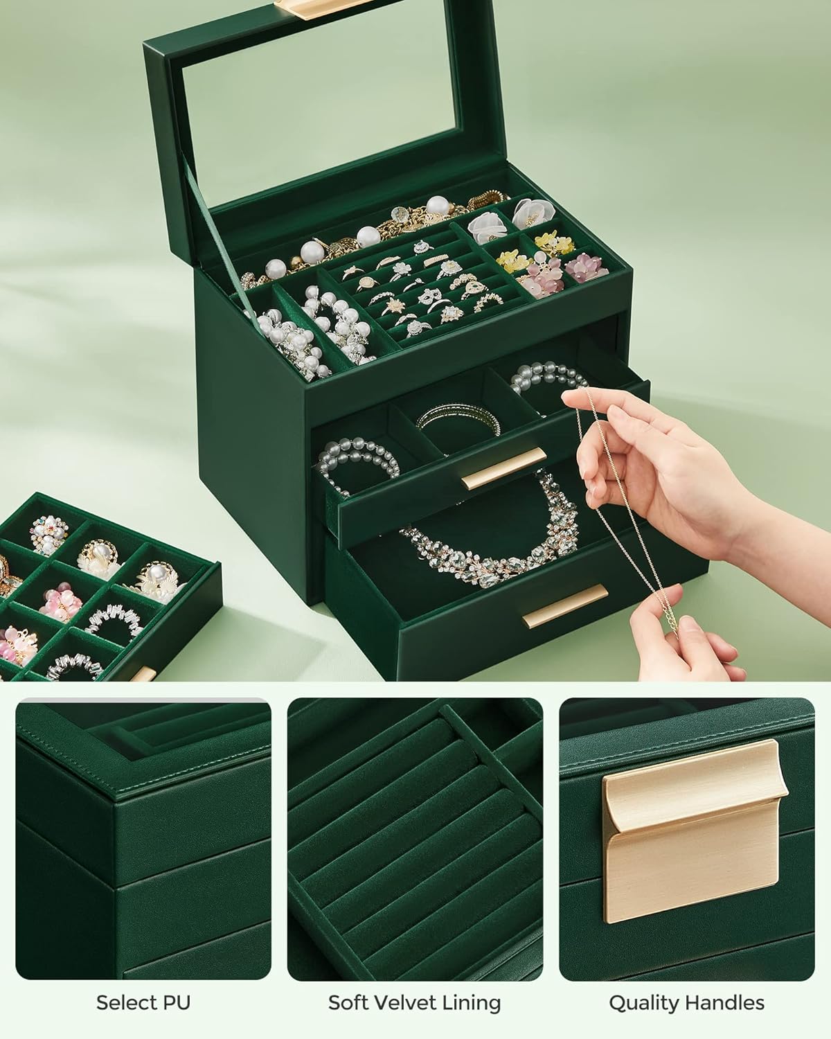 SONGMICS Jewelry Box Organizer with Glass Lid, 4-Layer Jewelry Storage, with 3 Drawers, Modern Style, Christmas Gift, 6 x 9.9 x 8.5 Inches, Forest Green and Gold Color UJBC161G01