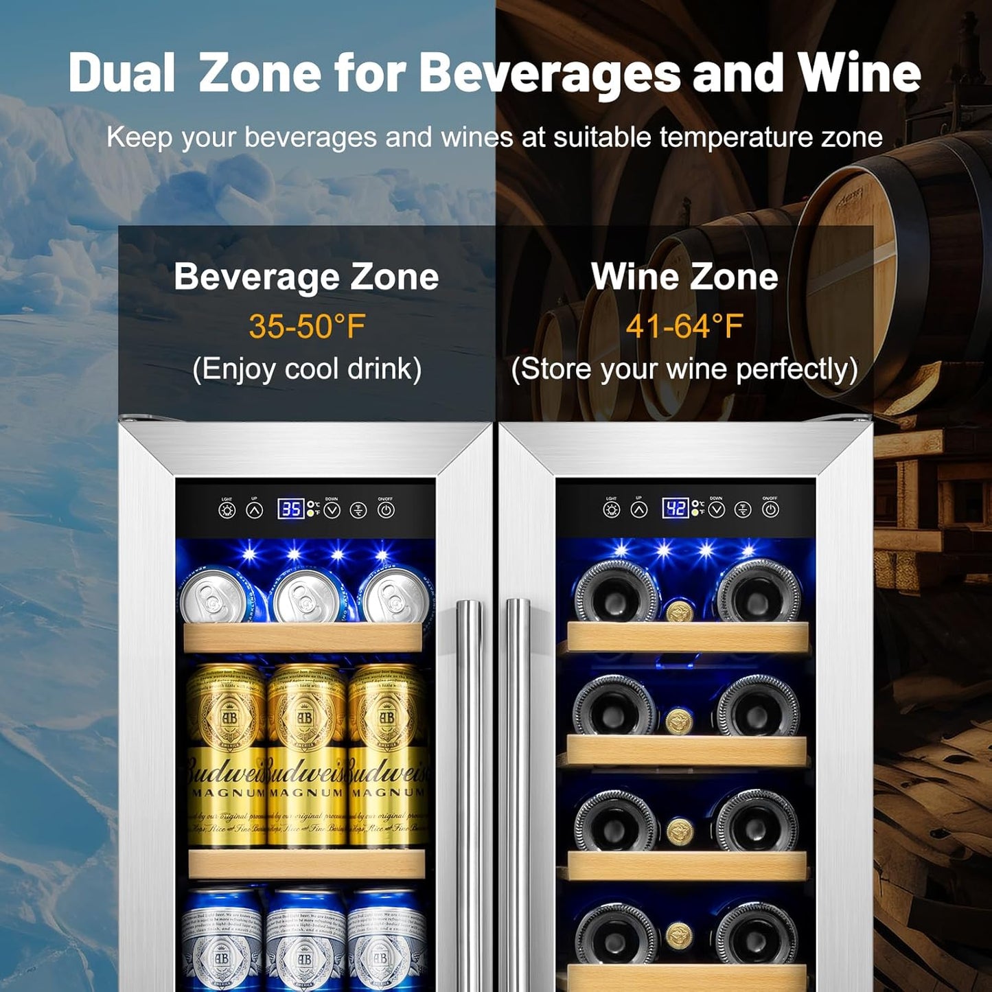 Wine and Beverage Refrigerator, 24 Inch Beverage Cooler Dual Zone with Glass Door, Built-in/Freestanding Beverage Fridge with Upgraded 20 Bottles and 90 Cans Large Capacity