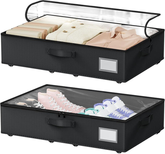 Underbed Storage with Wheels, 2 Pack Under Bed Storage Containers with Clear Lids No Assembly Required, 6.1 inch Rolling Under Bed Storage for Clothes, Shoes