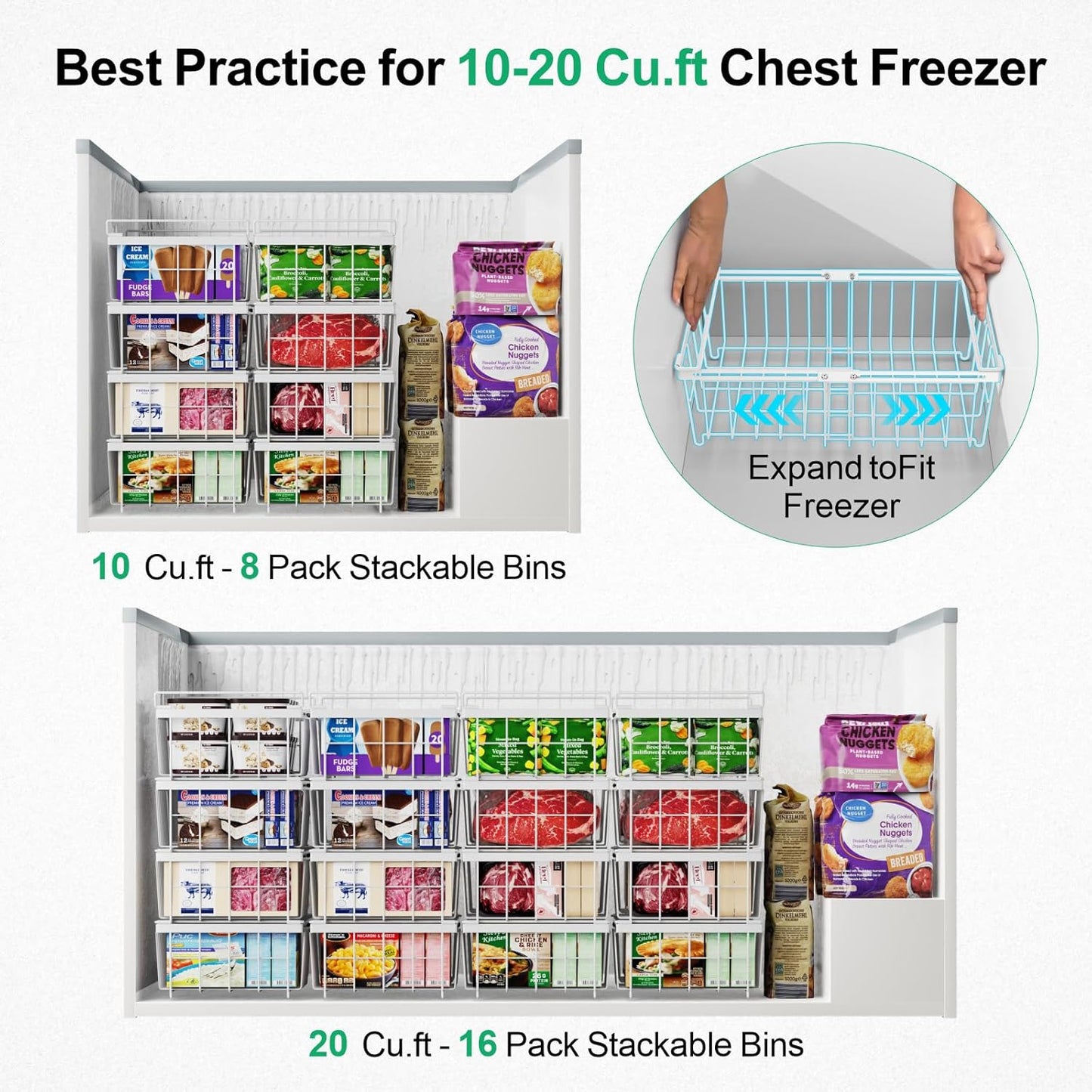 iSPECLE Freezer Organizer Bins - Fit 10 to 20 Cu Ft Chest Freezer, 2 Pack Large Expandable Stackable Deep Freezer Organizer Bins Sort and Easily Get Food without Digging in the Freezer, White