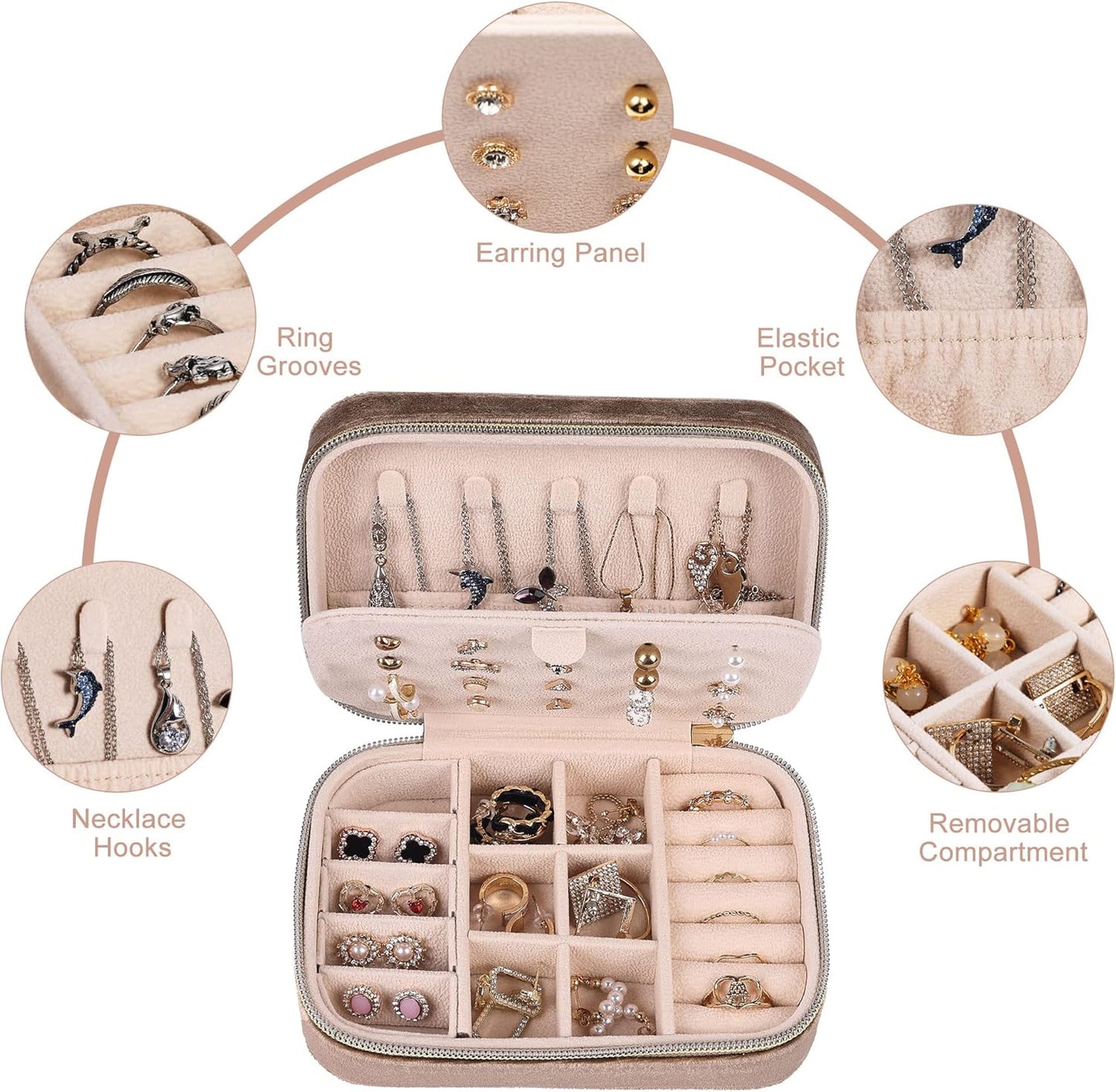 Dajasan Velvet Travel Jewelry Case, Mini Portable Travel Jewelry Organizer Boxes, Jewelry Gift Box for Birthday Mother's Day Valentine's Day Christmas (Khaki)