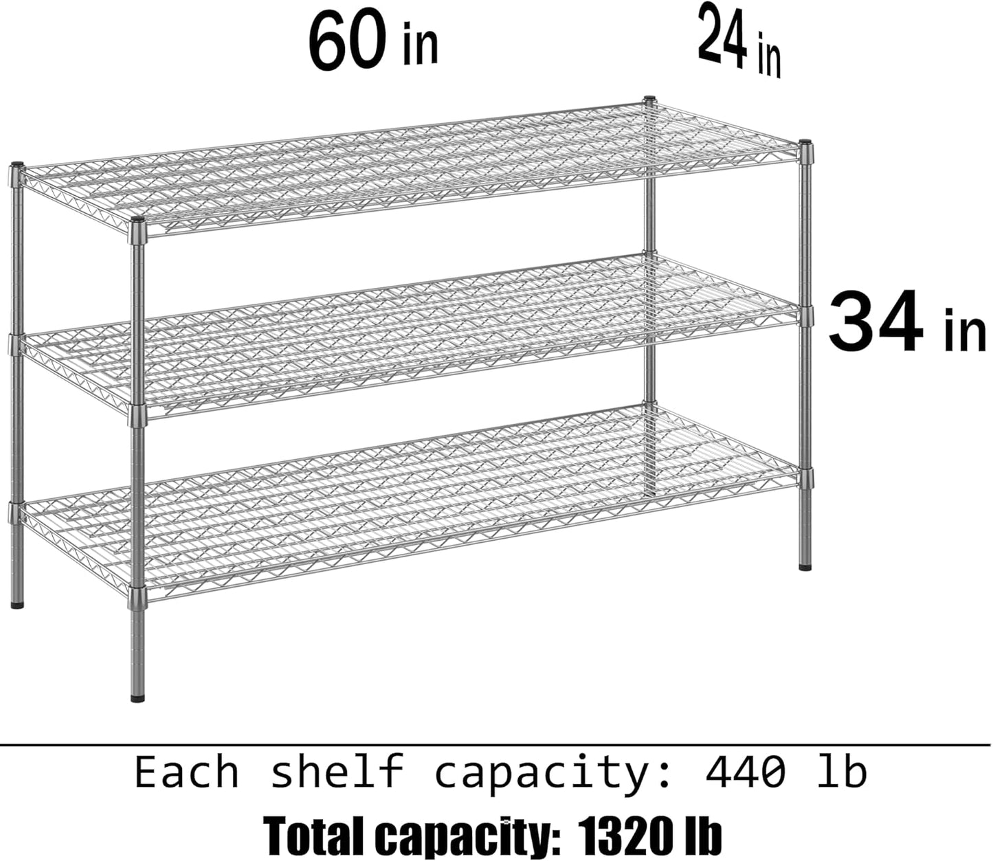 24" Deep x 60" Wide x 34" Height Wire Shelving Kit | 3-Tier | NSF Commercial Storage Rack Unit