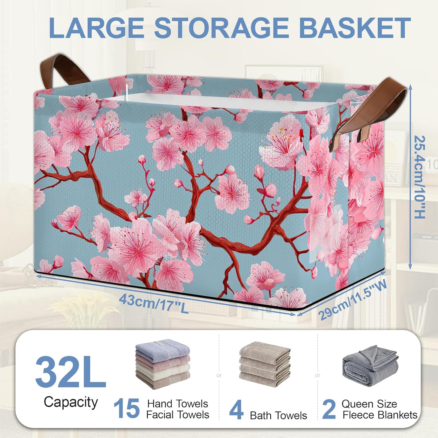 Cherry Blossoms Collapsible Storage Box,Japanese Organizer Bin with Handles for Room Decoration,Bins Book Basket Box 17x11.5x10Inch