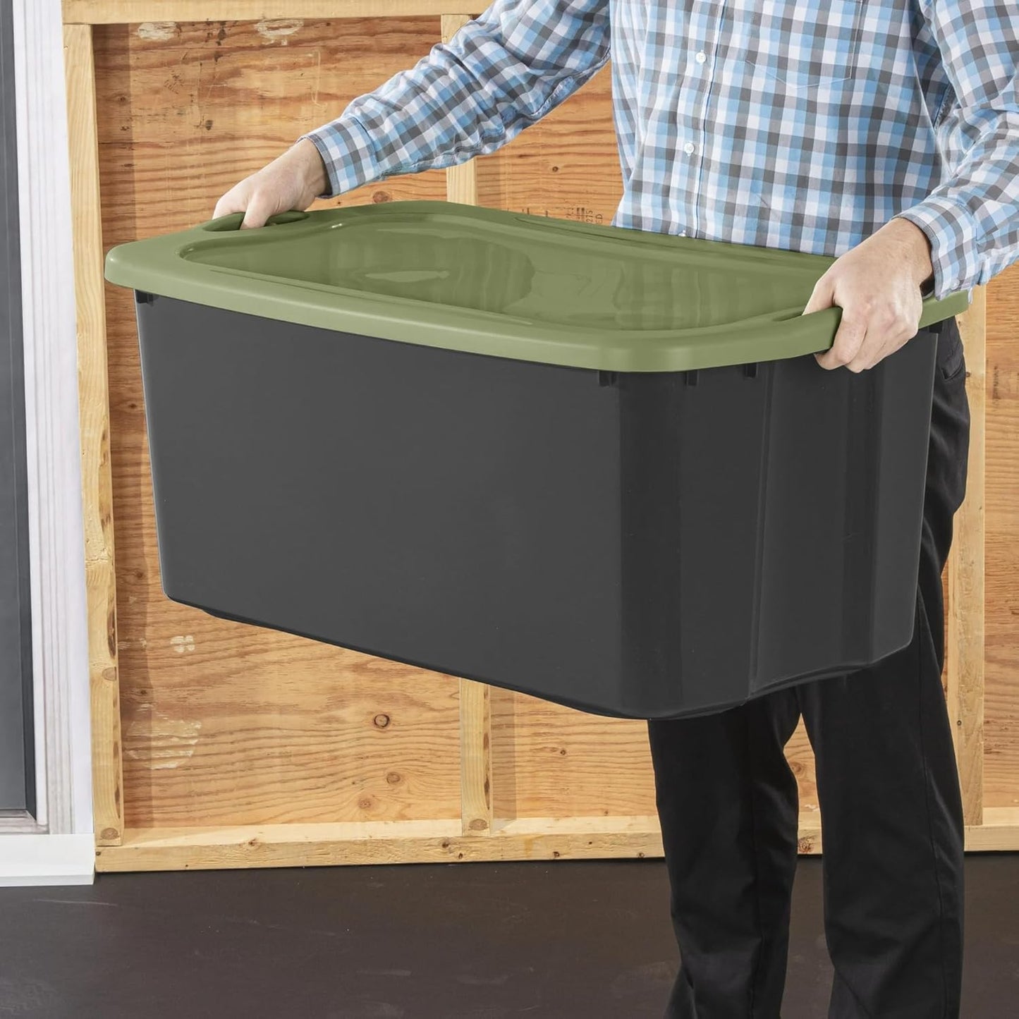 (2 Pack) 30 Gallon Plastic Storage Bin – Full-Grip Handles, Easy-Carry Stackable Heavy Duty Organizer for Home, Garage, Closet & Dorm (Gray & Green)