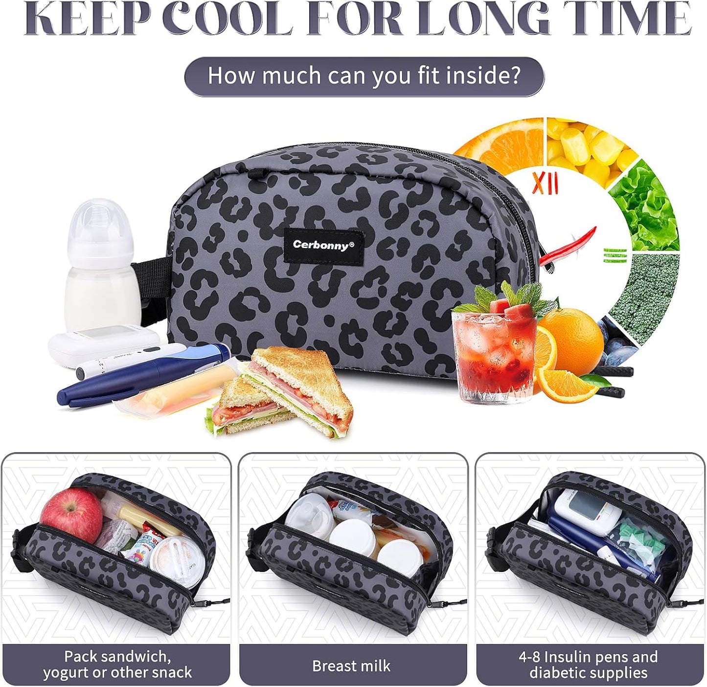 Cerbonny Reusable Lunch Bag, Grey Leopard, 2.5L, Insulated, Zipper Closure, Portable, Thermal Insulated, Office, Picnic, Travel, School