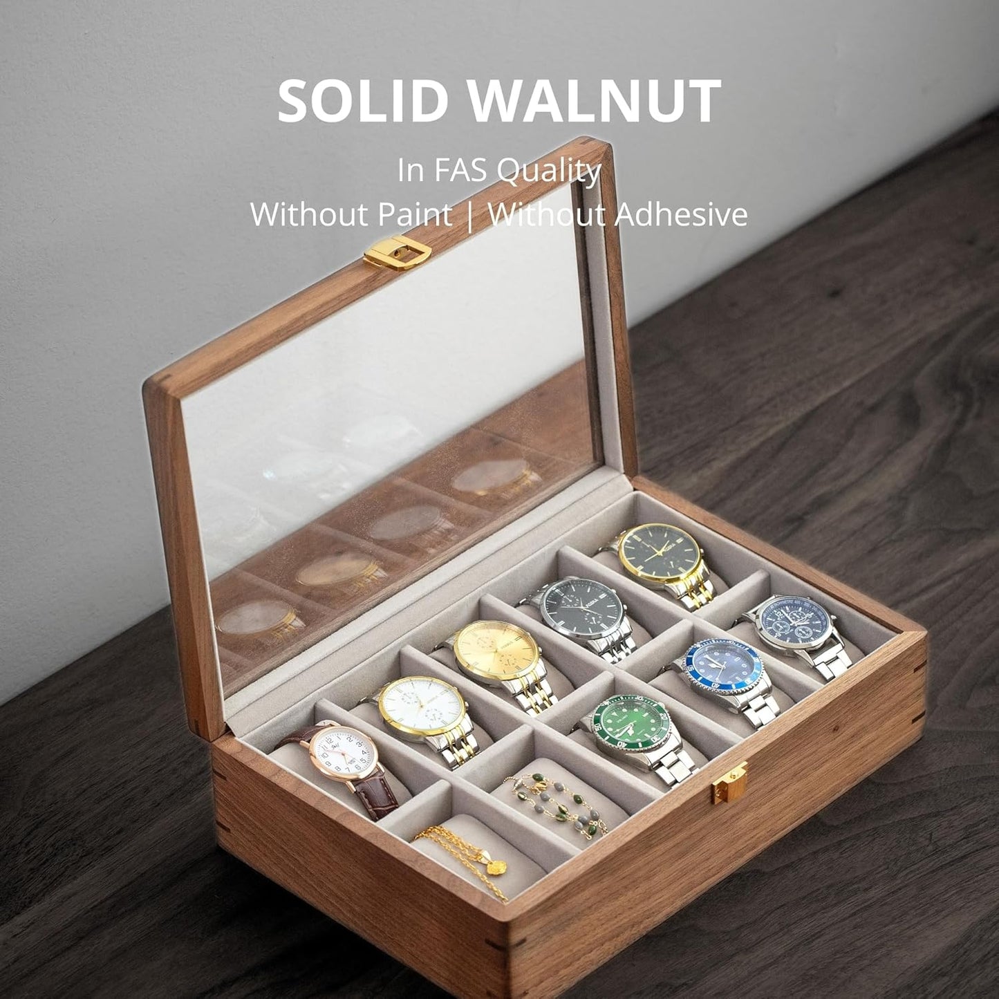 muso wood Watch Display Box, 10 Slot Watch Case for Men, Watch Organizer Box with Glass Lid, Watch Case with Removable Velvet Pillow, Father's Day Gift - 10 Slot, Walnut