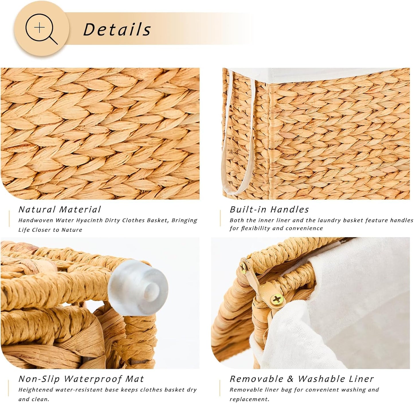 Handwoven Slim Laundry Hamper, 55L Narrow Laundry Basket, Natural Water Hyacinth Basket and Handles and Removable Liner Bag & 2 Mesh Bags (Natural, 55L)