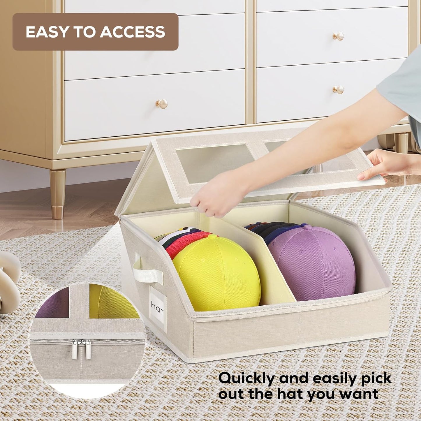 Hat Storage for Baseball Caps-Holds Up to 24 Caps, Hat Organizer for Closet Stackable Hat Box with Cardboard, Dustproof Baseball Cap Organizer with 2 Handles for Home Travel (Beige, 1 Pack)