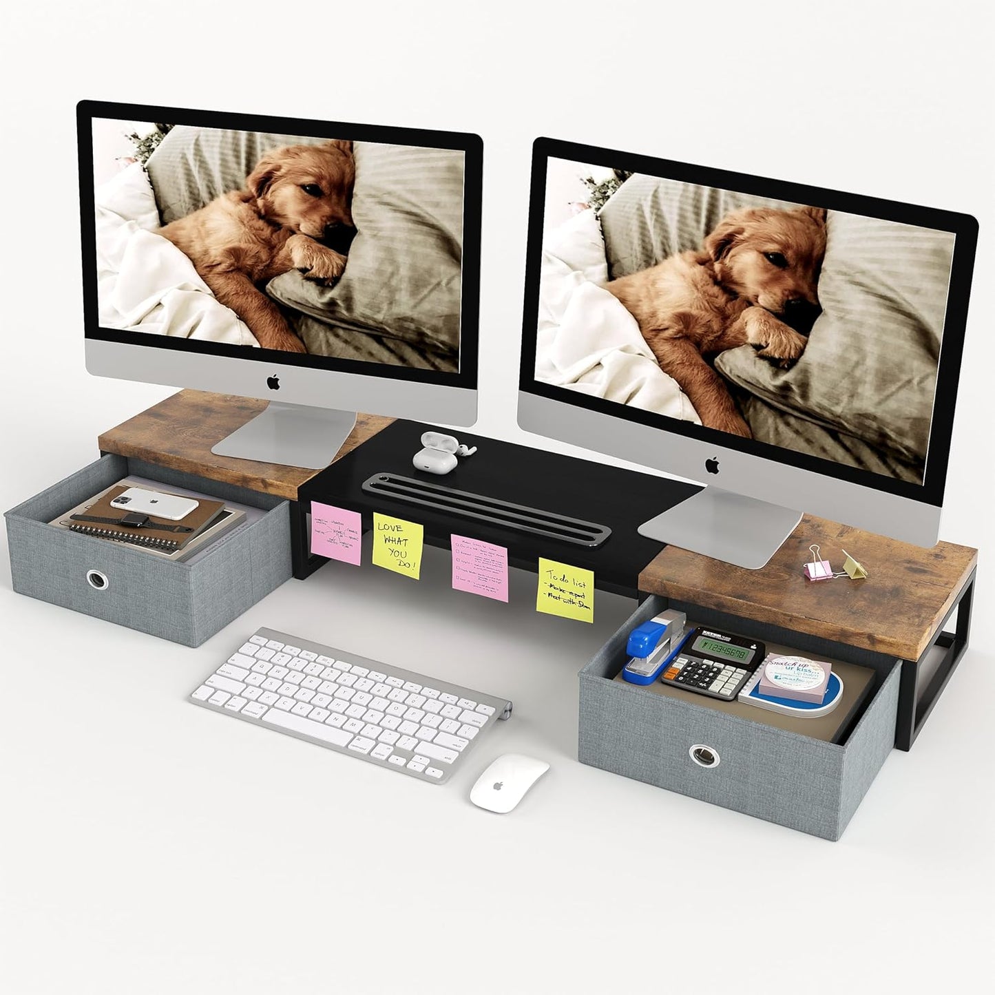 Dual Monitor Stand Riser with 2 Drawers - 39Inch Large Storage Computer Monitor Stands for 2 Monitors, Wooden Desktop Organizer Perfect for Home Office Desk, Computer, Laptop, TV