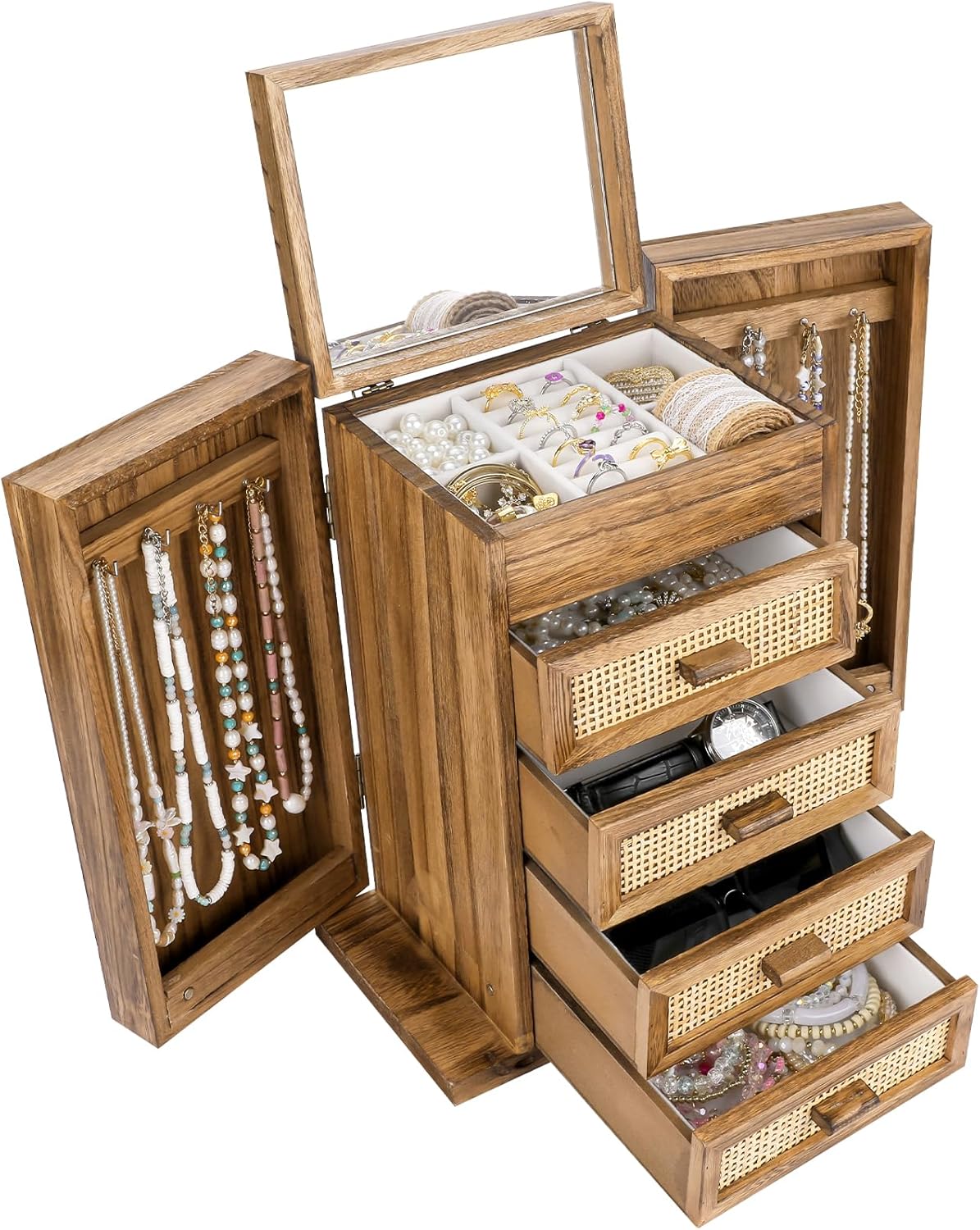 Jewelry Organizer, Rattan Jewelry Box, 5 Layer Wooden Jewelry Organizer Box with Mirror, Jewelry Boxes with 4 Drawers for Women Men, Jewelry Storage for Rings Earrings Necklaces Bracelets Watch