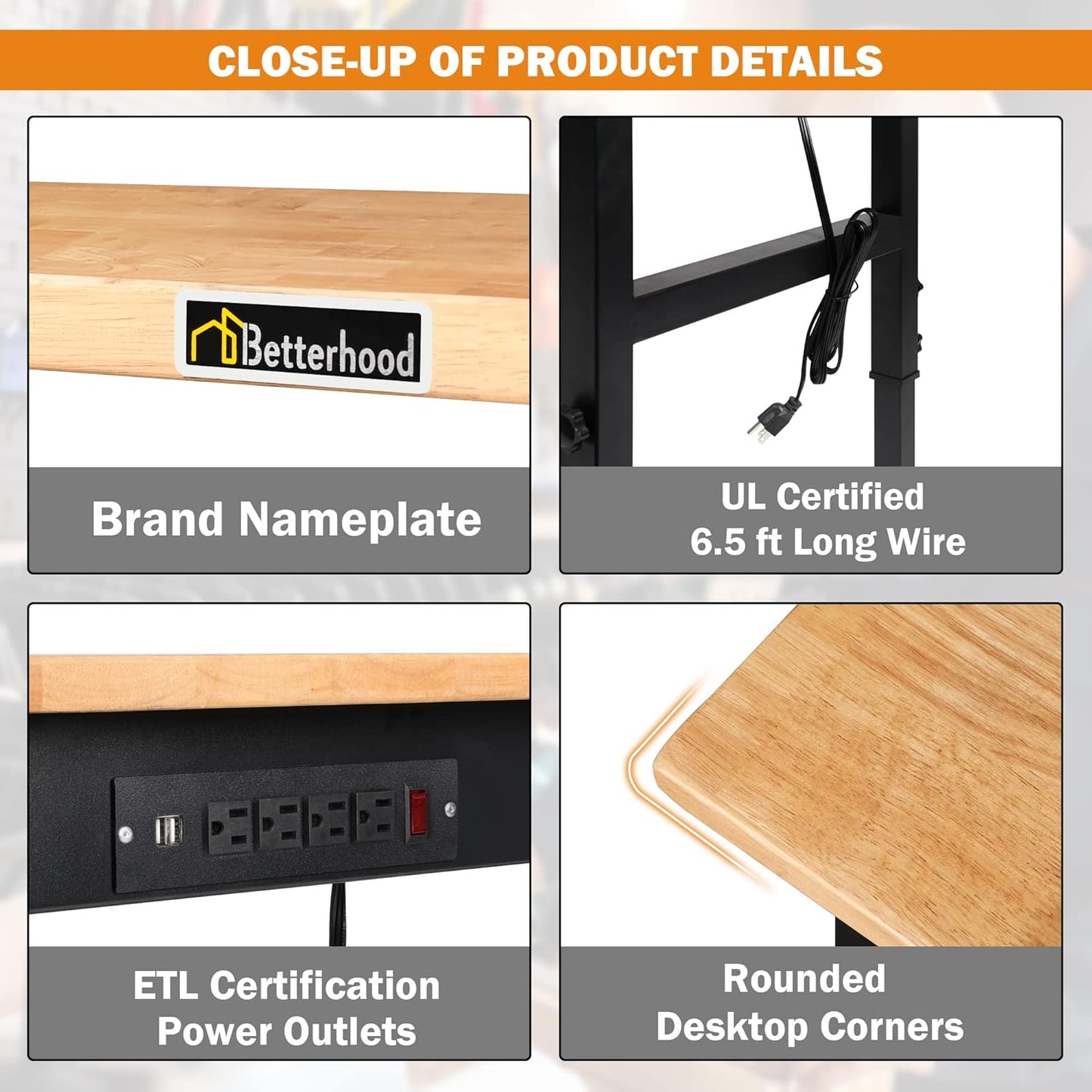 Betterhood Adjustable Height Workbench, 48" Rubber Wood Top Heavy Duty Workstation with Power Outlets, 2000 LBS Load Capacity Hardwood Worktable for Workshop, Garage, Office, Home, Commercial
