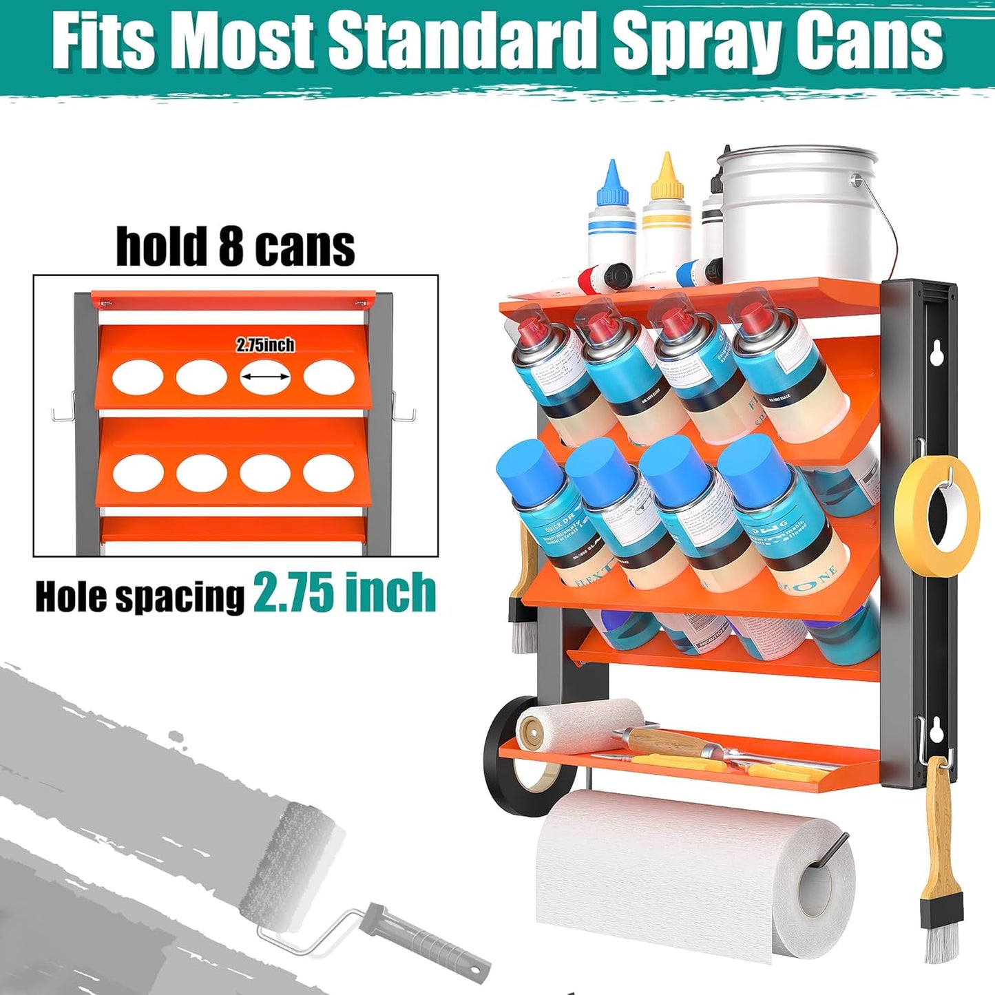EVERHANGER Spray Can Holder, Lube Can Wall Mount Storage Rack Heavy Duty Paint Bottle Organizer for Garage & Home | 8 Can Holes & 2 Shelf