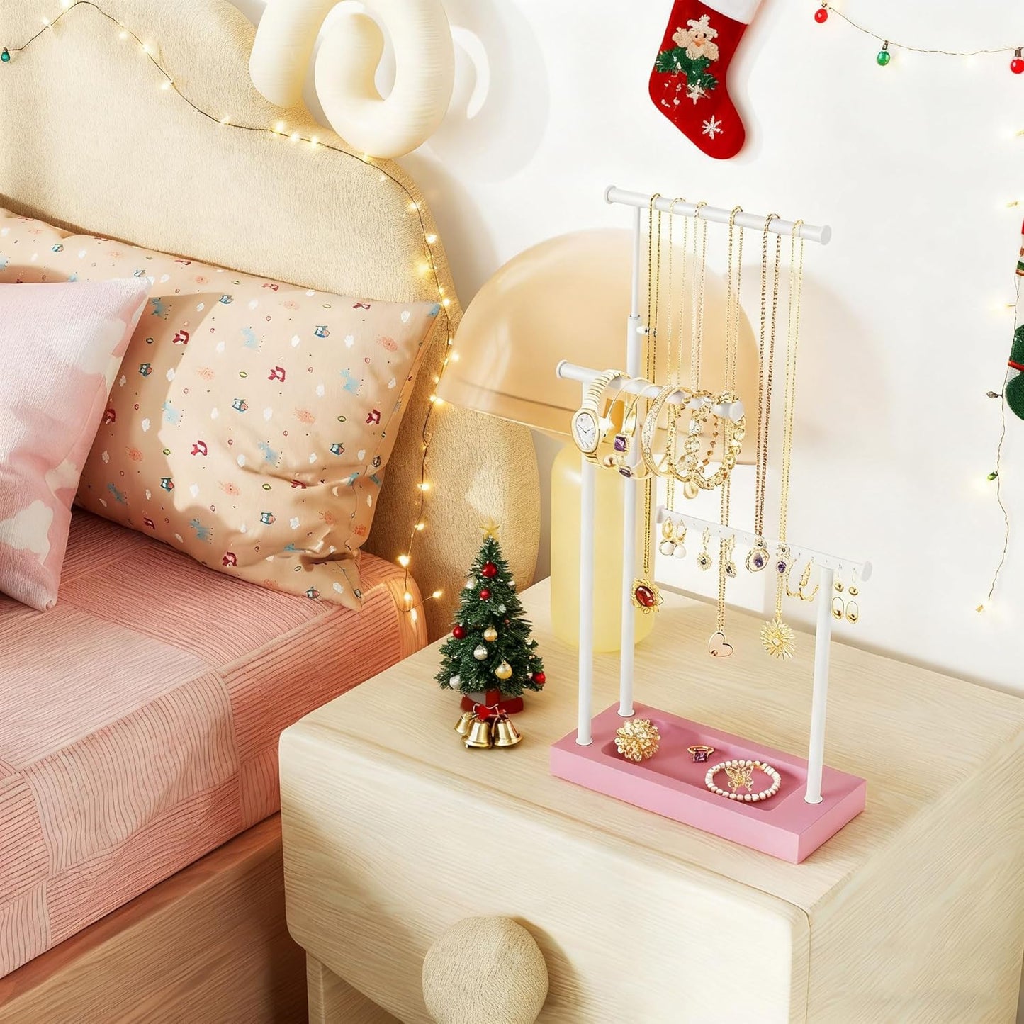 SRIWATANA Jewelry Organizer Stand, Extra Tall Necklace Holder Jewelry Holder, Gift Idea (Pink & White)
