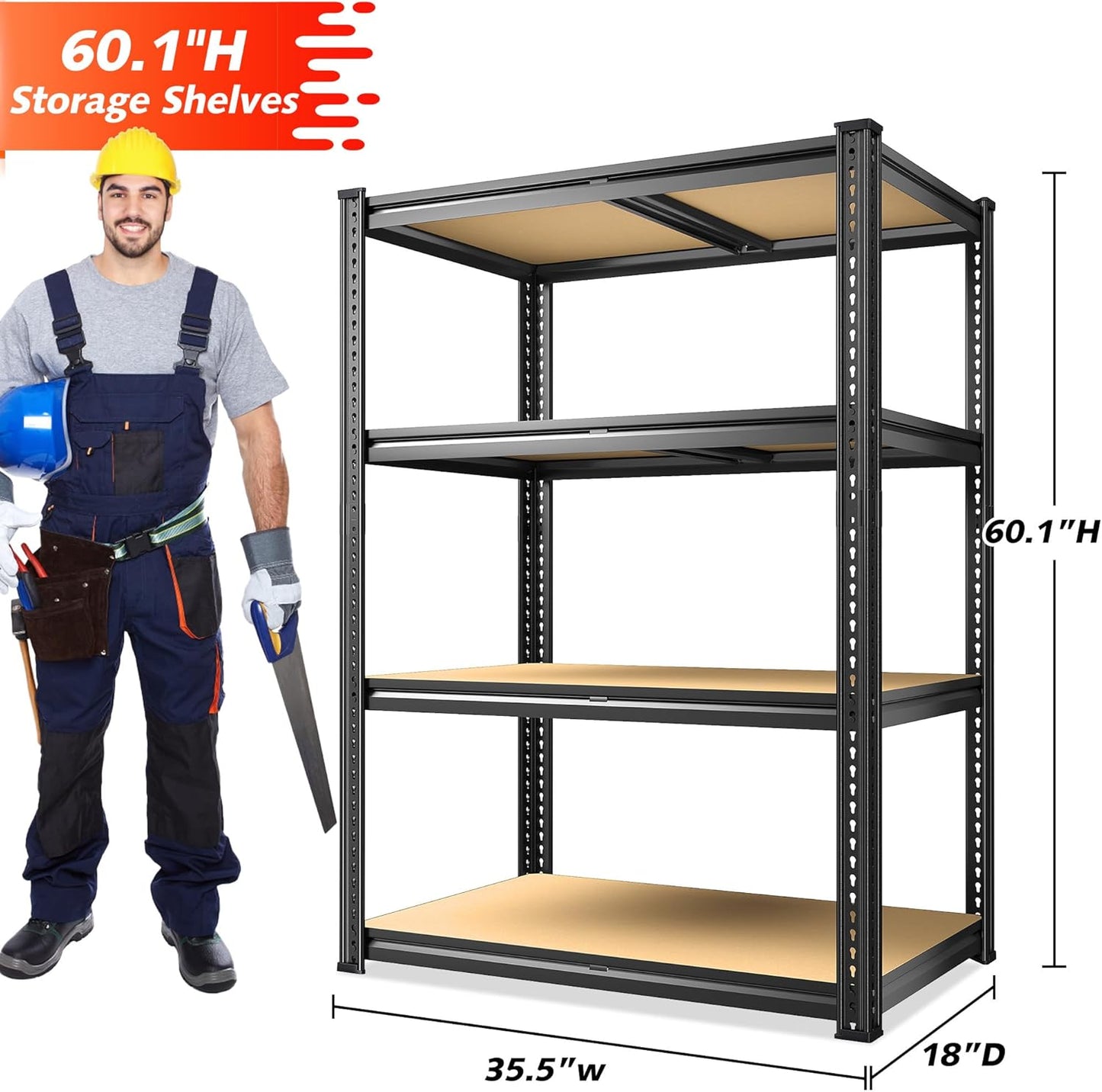 REIBII Garage Shelving 60.1" H Storage Shelves Heavy Duty 1800 LBS, 4-Tier Metal Shelving Ajustable Garage Shelves for Warehouse Basement Kitchen Pantry Closet, 60.1" H x 35.5" W x 18" D
