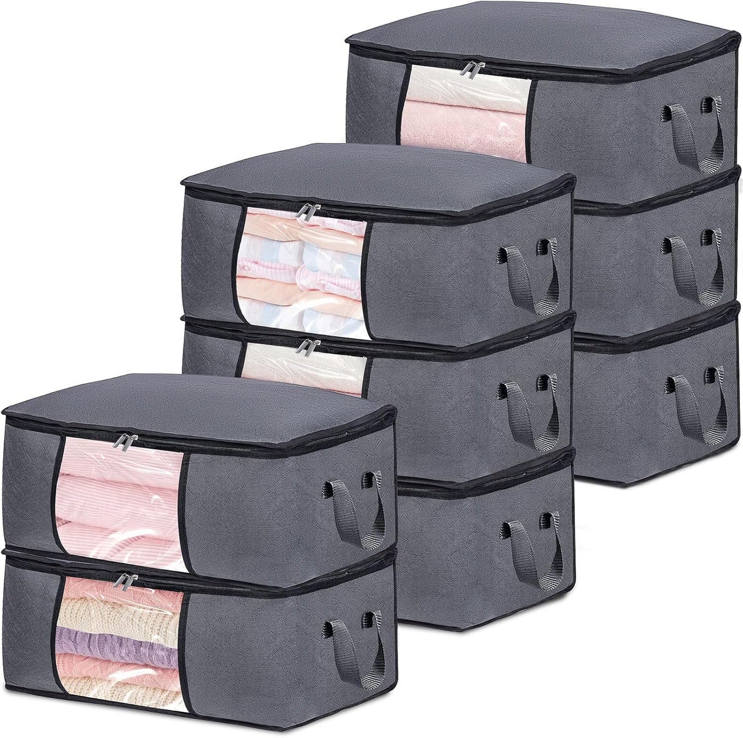 8 Pack Clothes Storage Bags with Zipper, 45L Foldable Blanket Storage Bag with Clear Window Sturdy Handles for Closet, Dorm, Pillows, Bedding, Sheet, Comforter, Gray