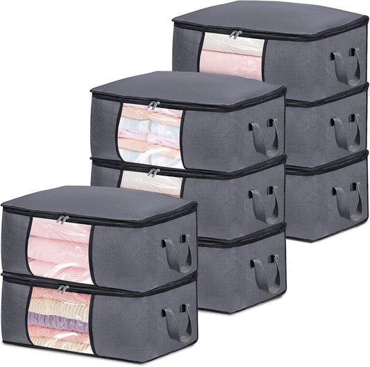 8 Pack Clothes Storage Bags with Zipper, 45L Foldable Blanket Storage Bag with Clear Window Sturdy Handles for Closet, Dorm, Pillows, Bedding, Sheet, Comforter, Gray