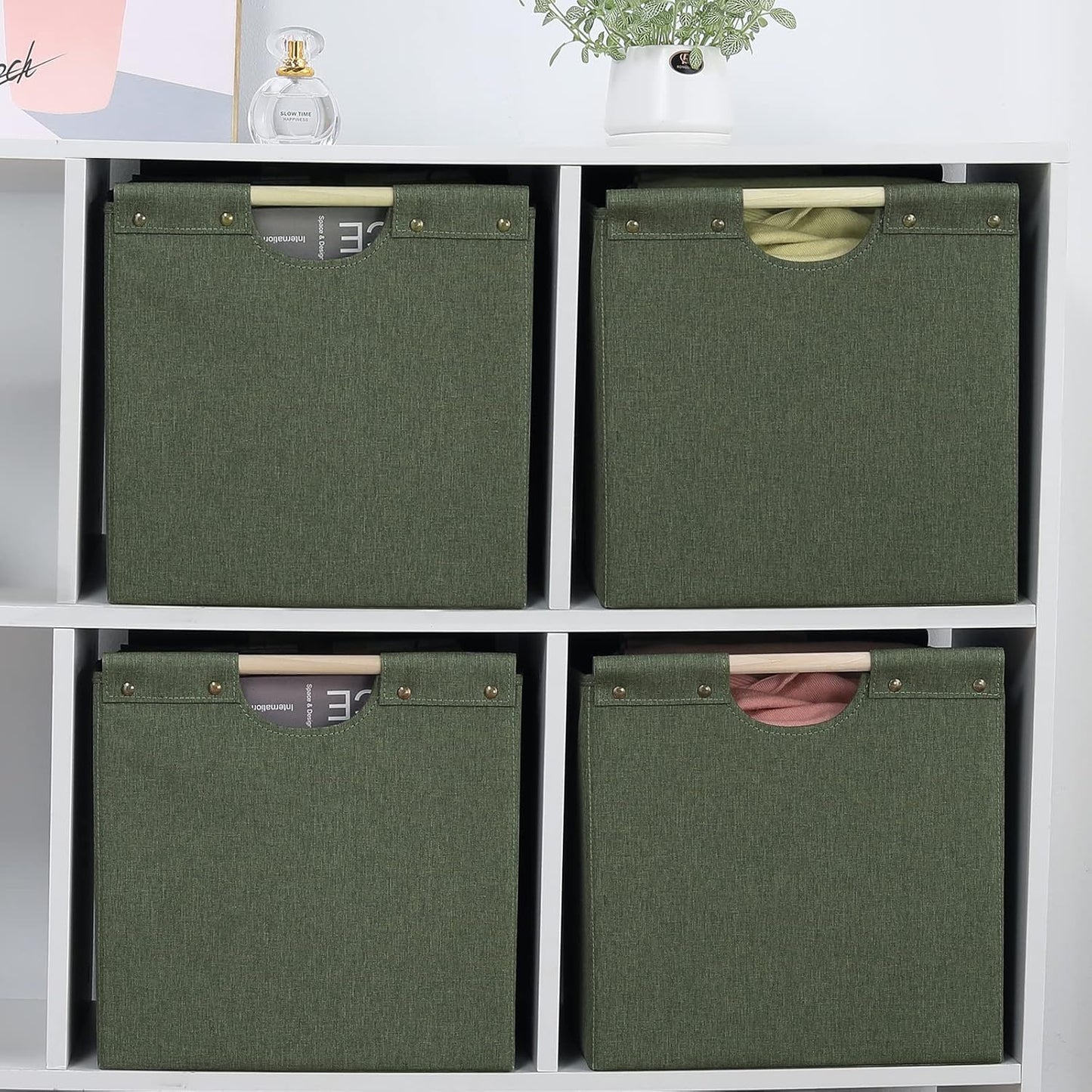 HOONEX Large Collapsible Storage Bins, Linen Fabric, Pack of 2, Storage Baskets with Wooden Carry Handles and Sturdy Heavy Cardboard, for Home, Office, Car, Nursery, Olive