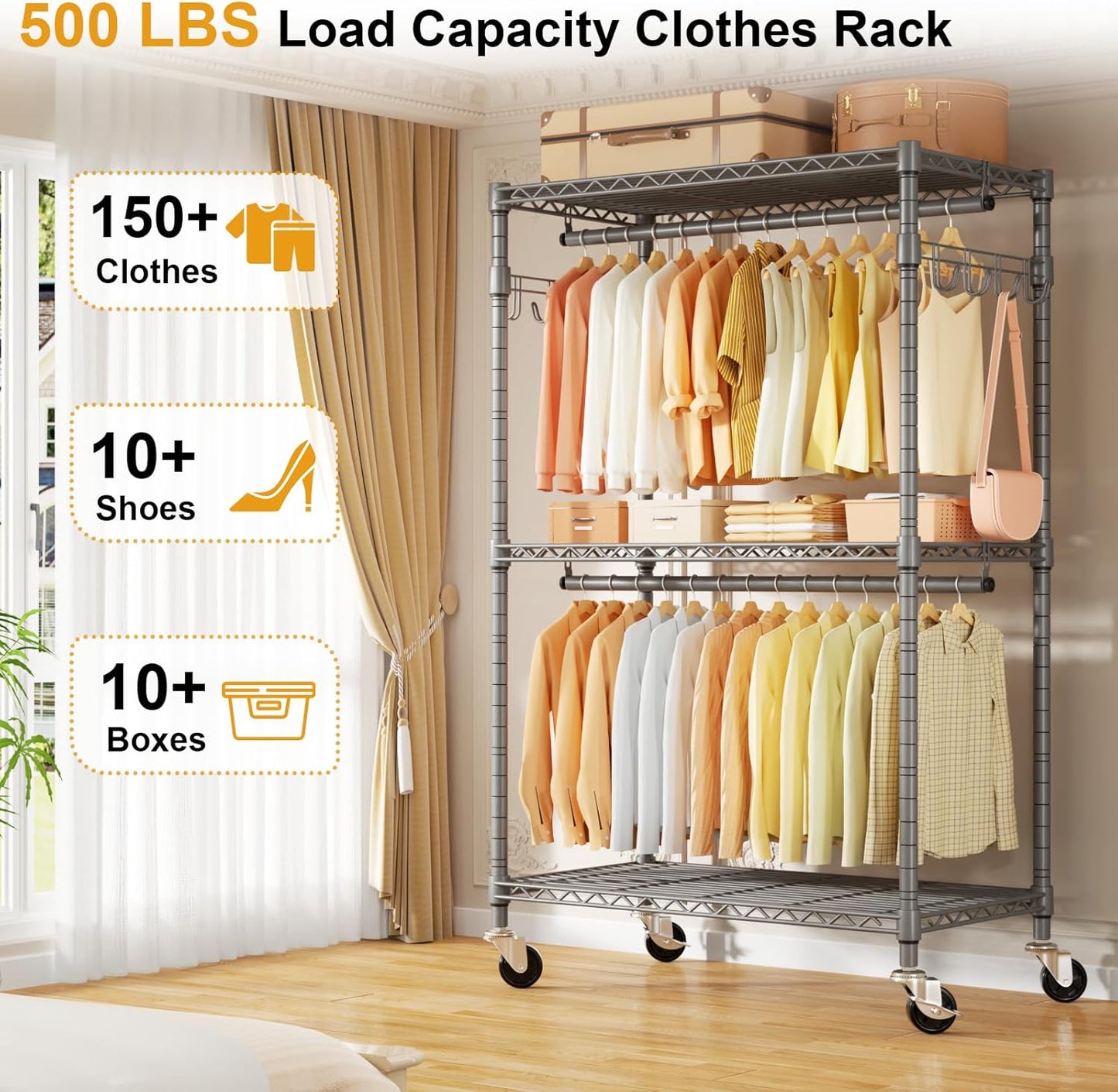 P1 Rolling Clothing Rack with Lockable Wheels, Heavy-Duty Garment Rack for Hanging Clothes, Portable Closet Wardrobe with Shelves, 35.5" W x 15.7" D x 80.5" H, Hold 500lbs, Grey