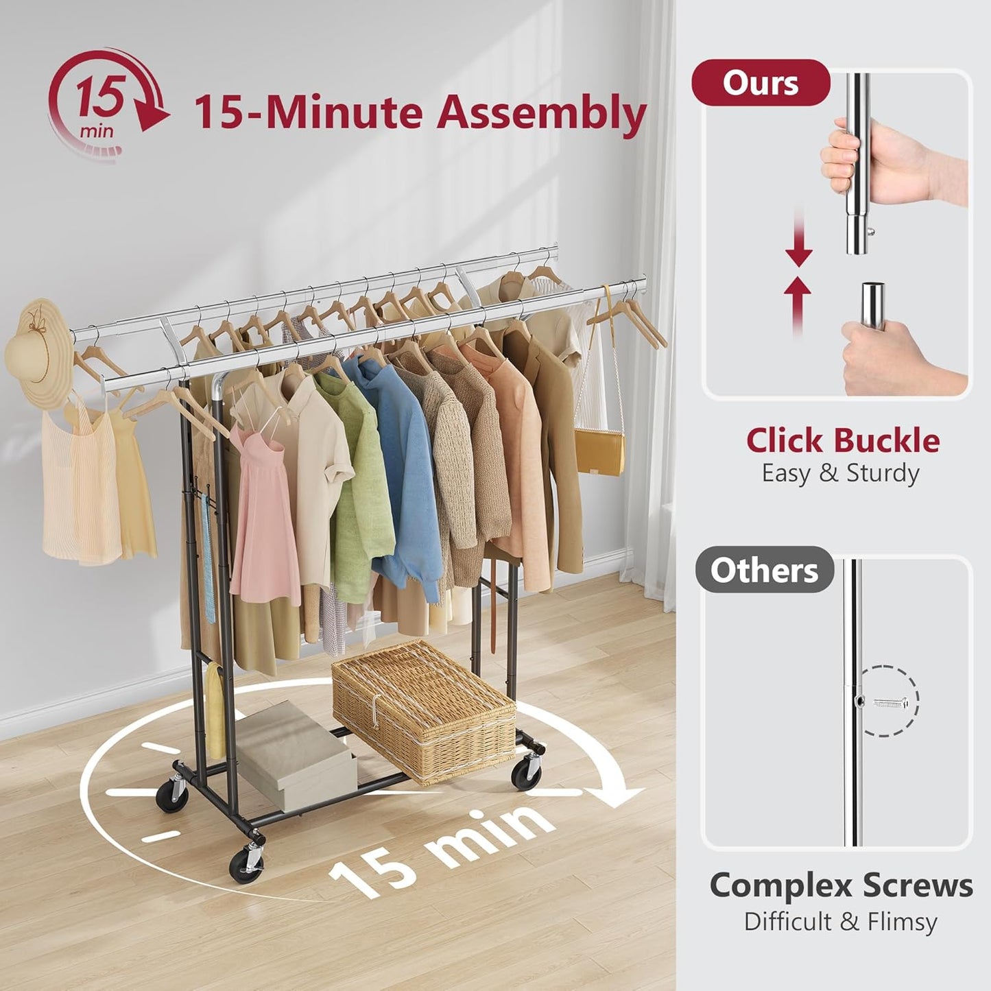 Tajsoon Double Rod Clothes Rack Load 480 LBS, Heavy Duty Rolling Garment Rack with Wheels, Collapsible Clothing Rack for Hanging Clothes, Commercial Adjustable Clothes Rack with Shelf, Black