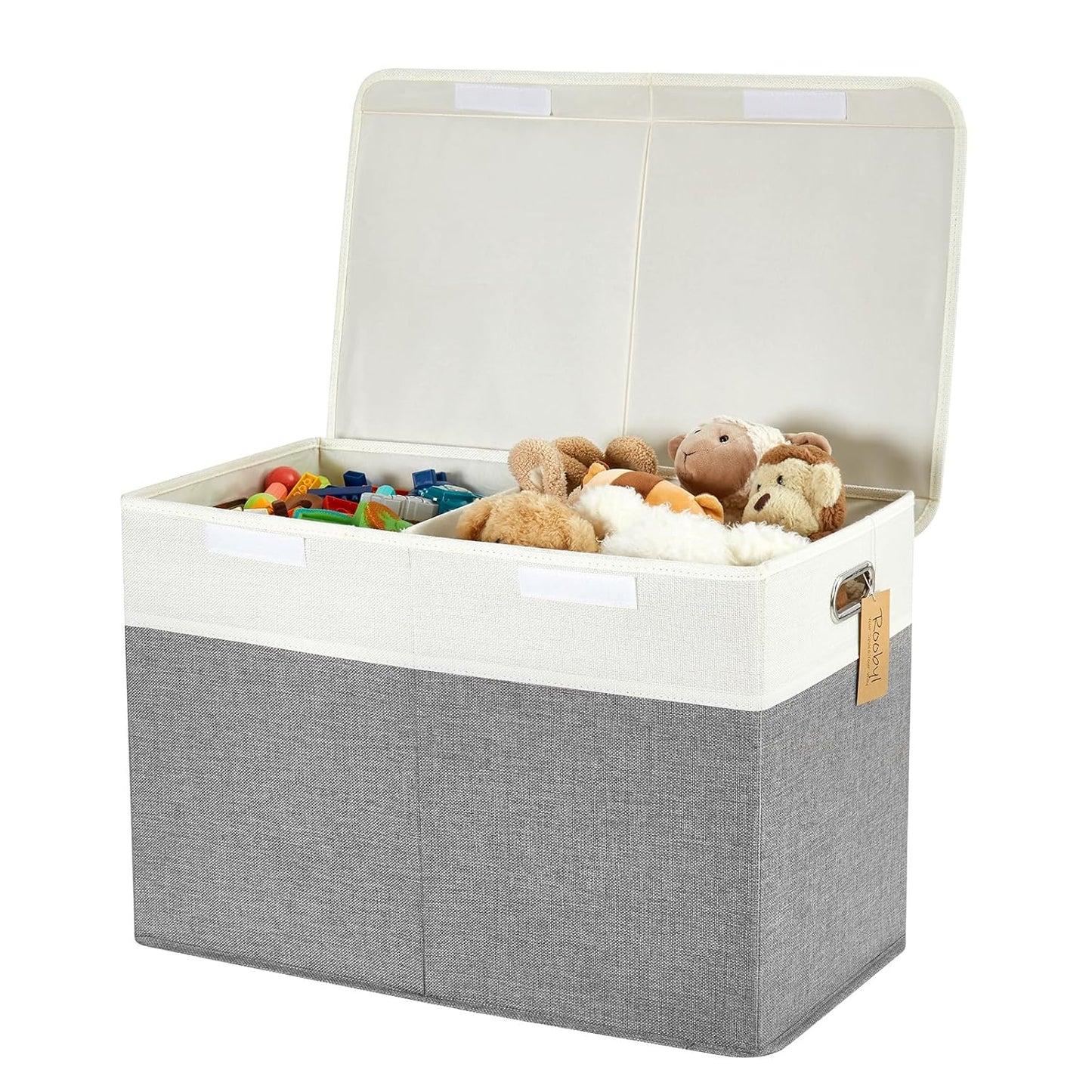 Large Toy Box with Flip-Top Lid, Collapsible Storage Organizer Bins with Dividers and Handles, Kids Bin Chest Baskets for Toys, Playroom Organizers, Nursery 25"x13" x16" (Gray & White)