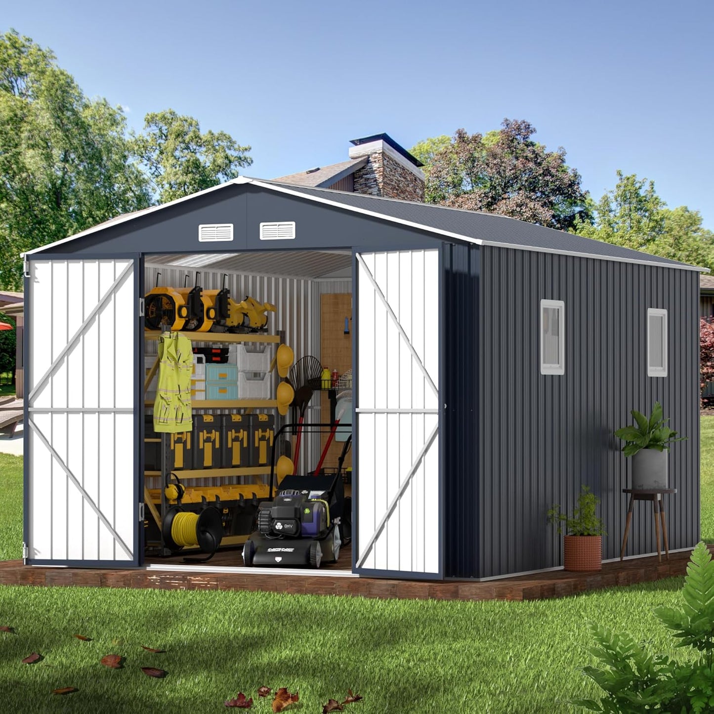 Breezz Outdoor Storage Shed 10 x 12 ft. Utility Tool Shed Metal Storage Garden Shed with Lockable Doors, Windows for Patio Storage, Nightblue
