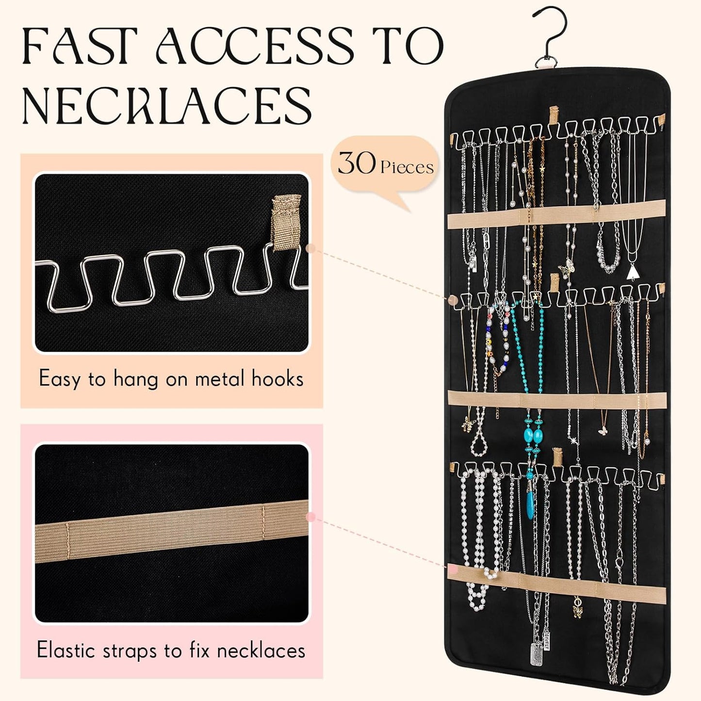3 Pack Hanging Jewelry Organizer Storage with 39 Pockets, 30 Necklace Hooks Double Sided Wall Mount Earring Holder Organizer Bracelet Necklace Jewelry Display Hanger for Closet Door (Black)
