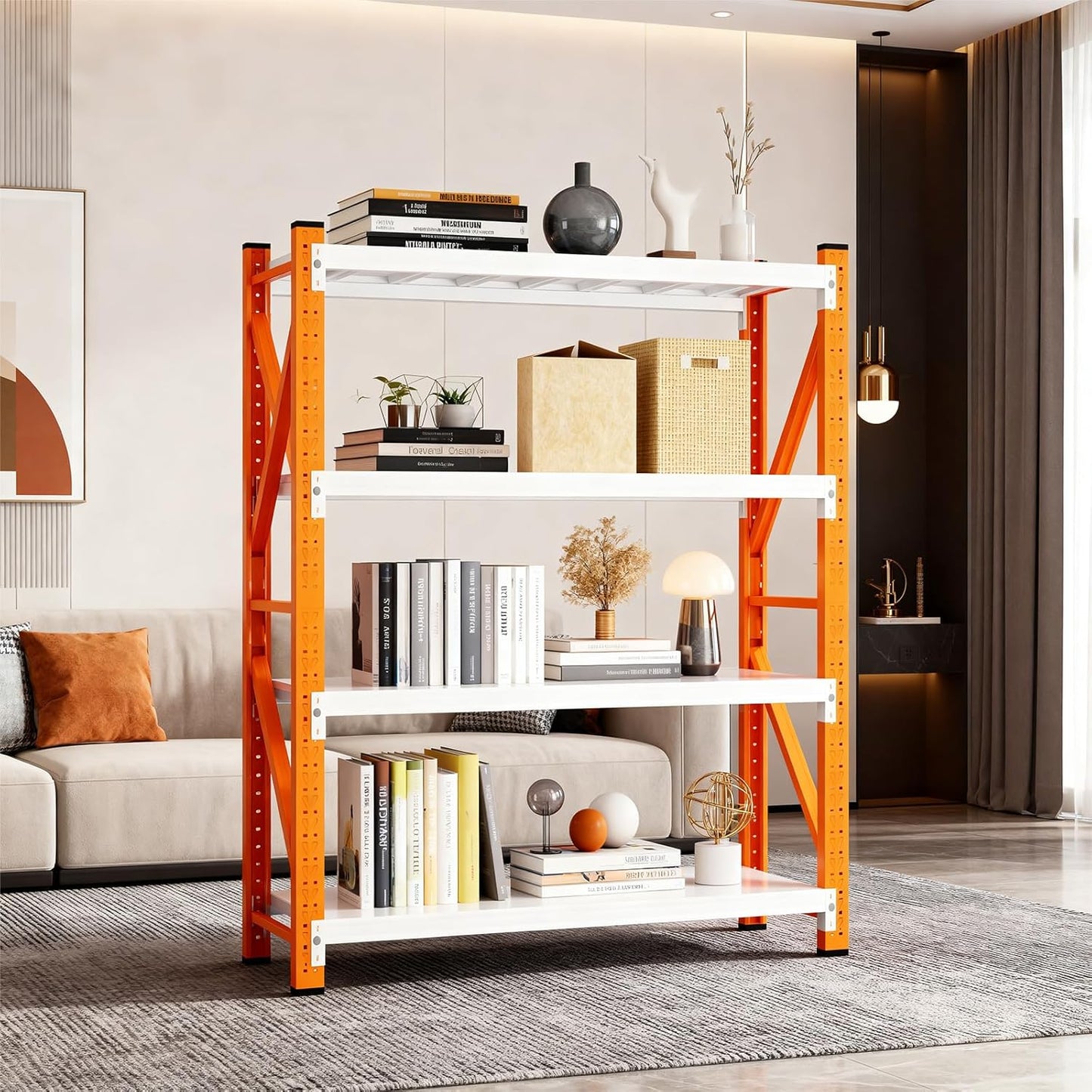 79" H Garage Shelving,3500LBS Heavy Duty Storage Rack,4 Tiers Metal Storage Rack Shelf, Adjustable Shelving Unit for Garage,Kitchen,Warehouse,Basement,78.7" H x 47.2" W x 19.6" D,Orange&White