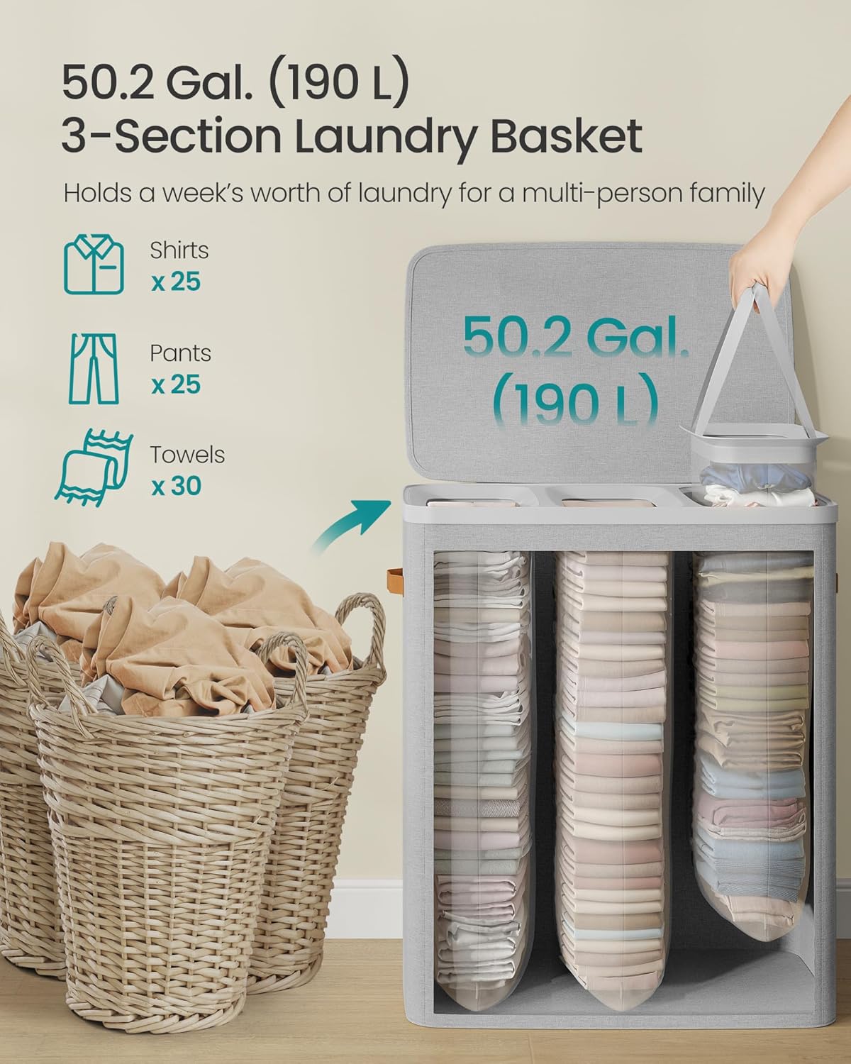SONGMICS Laundry Basket, 50.2 Gal. Laundry Hamper, 3 Compartments, Easy Assembly, with Lid and Handles, Removable Liners, 25.2 x 15.7 x 29.5 Inches, Dove Gray ULCB814GD01