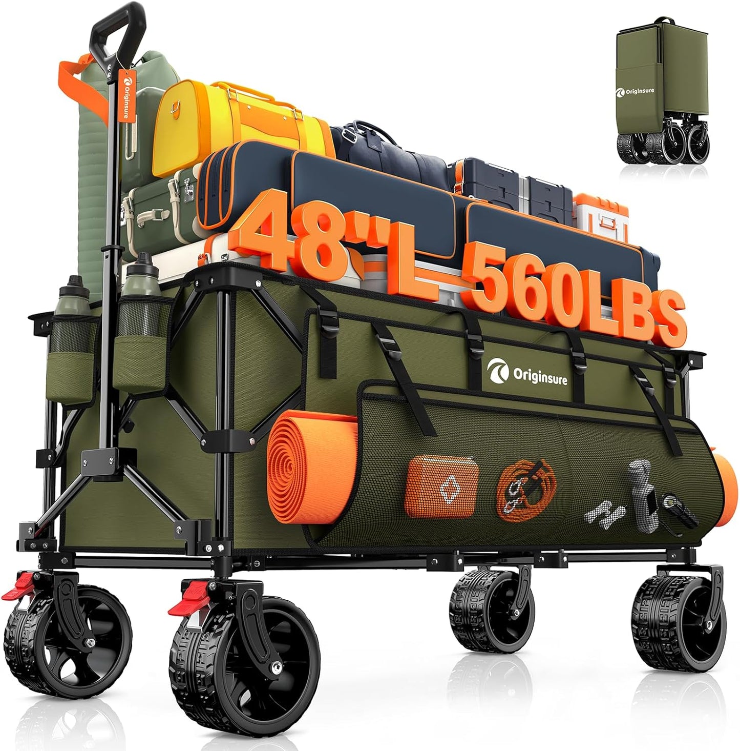 48" L Folding Beach Wagon Cart Foldable, 560lbs Weight Capacity 300L Heavy Duty Collapsible Wagons with Big All-Terrain Wheels, Utility Carts for Groceries, Shopping, Camping, Sports - Green