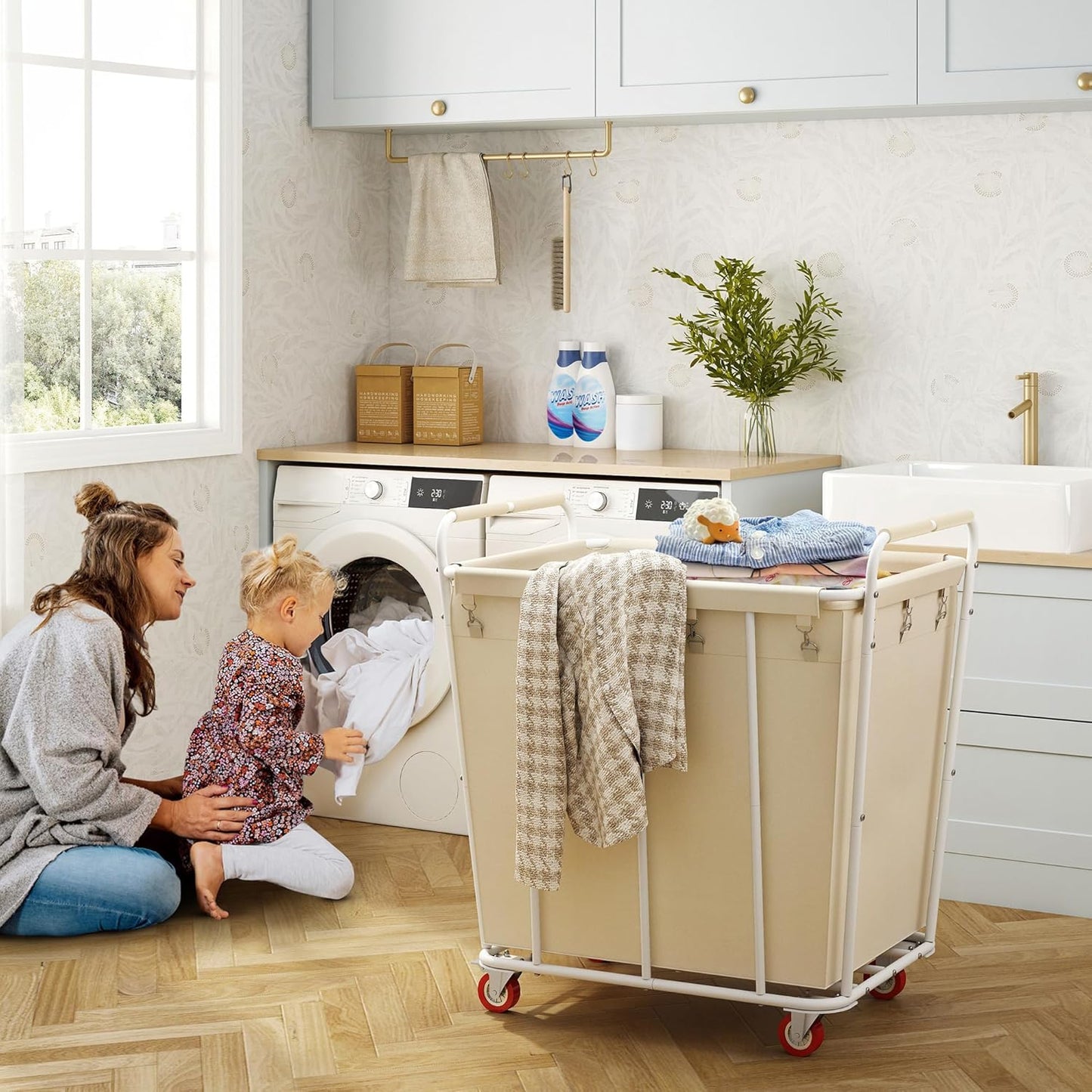 Hoctieon Large Laundry Cart with Wheels, 400L Heavy Duty Laundry Basket Organizer, Rolling Hamper Sorter for Clothes Storage, Industrial Dirty Clothes Hamper for Home & Hotel, Beige