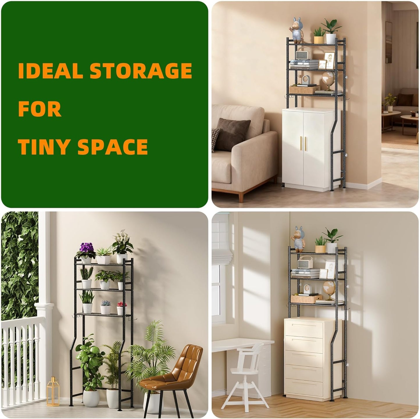 3-Tier Over The Toilet Storage, Space Saver Metal Bathroom Shelves, Freestanding Above Over Toilet Storage Shelf with 4 Hooks for Bathroom, Snow Black
