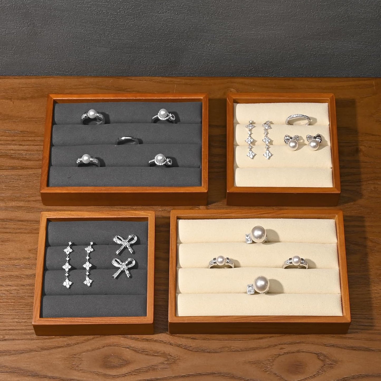 Solid Wood 3-Slots Jewelry Ring Display Tray Showcase Small Jewelry Display Organizer Tray for Rings(M,Grey)