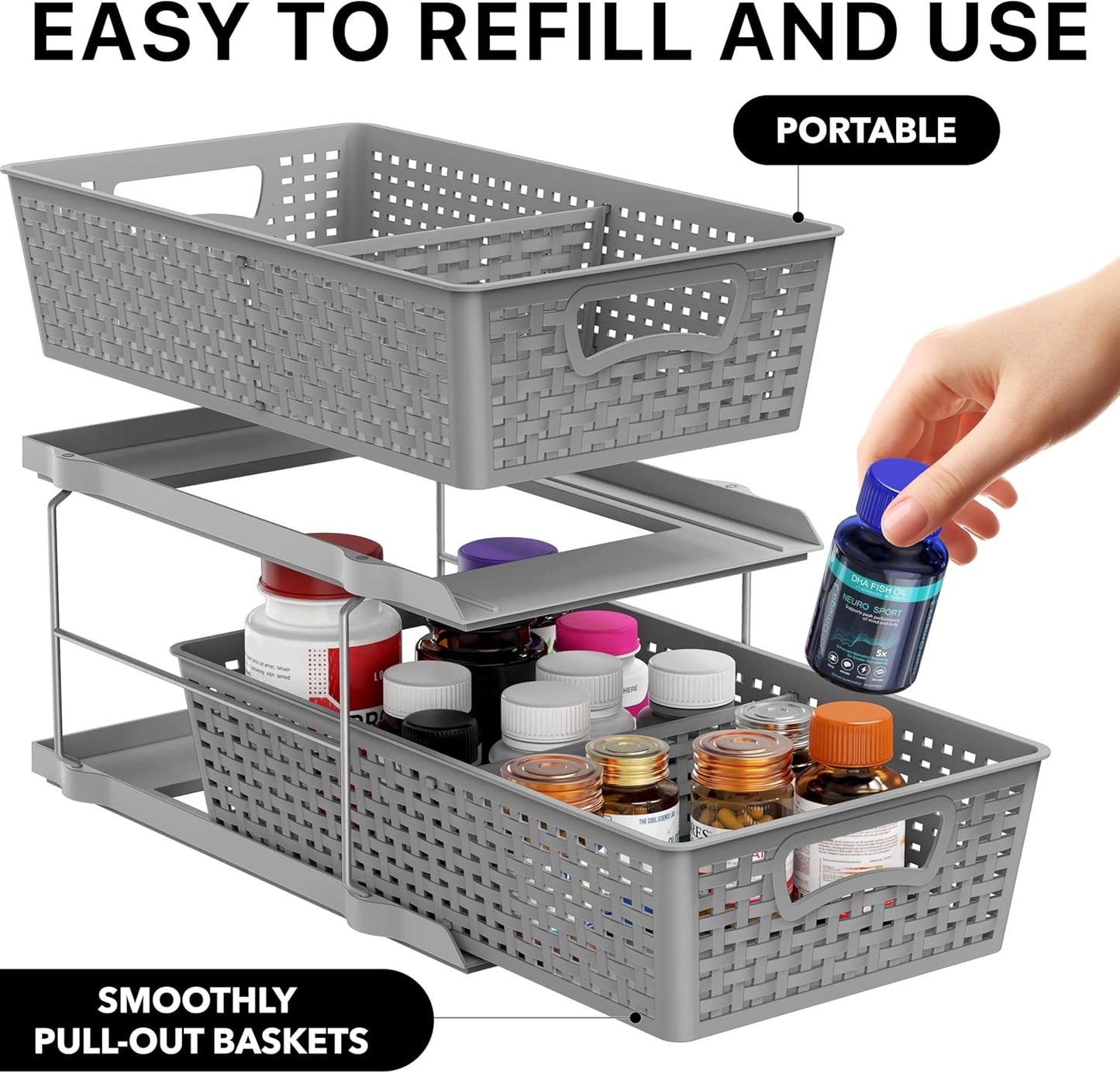 Simple Houseware 2 Tier Bathroom Organizer Tray Pull-Out Sliding Drawer, Under Sink Storage, Gray