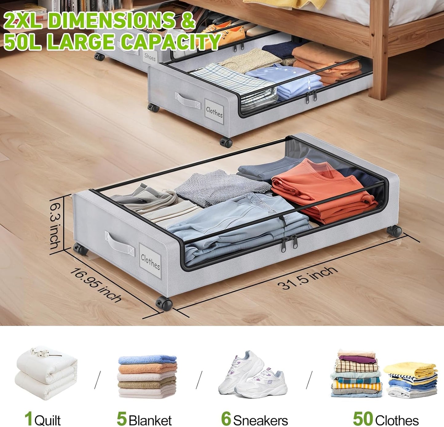 Under Bed Storage with Wheels, 4-Pack Underbed Storage Containers with Clear Lids, Under Bed Shoe Storage Organizer, Rolling Under Bed Storage for Clothes Shoes Blankets (Grey)