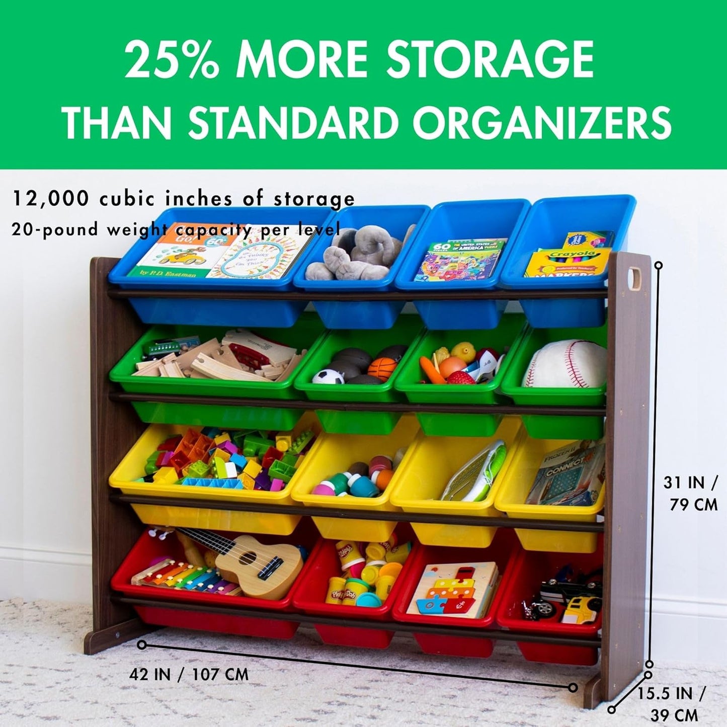 Humble Crew Supersized Toy Storage Organizer with 16 Removable Bins, Walnut/Primary – Large Toy Storage for Toddlers Ideal for Kids' Rooms, Playrooms, and Nurseries - Modern Toy Bins for Kids