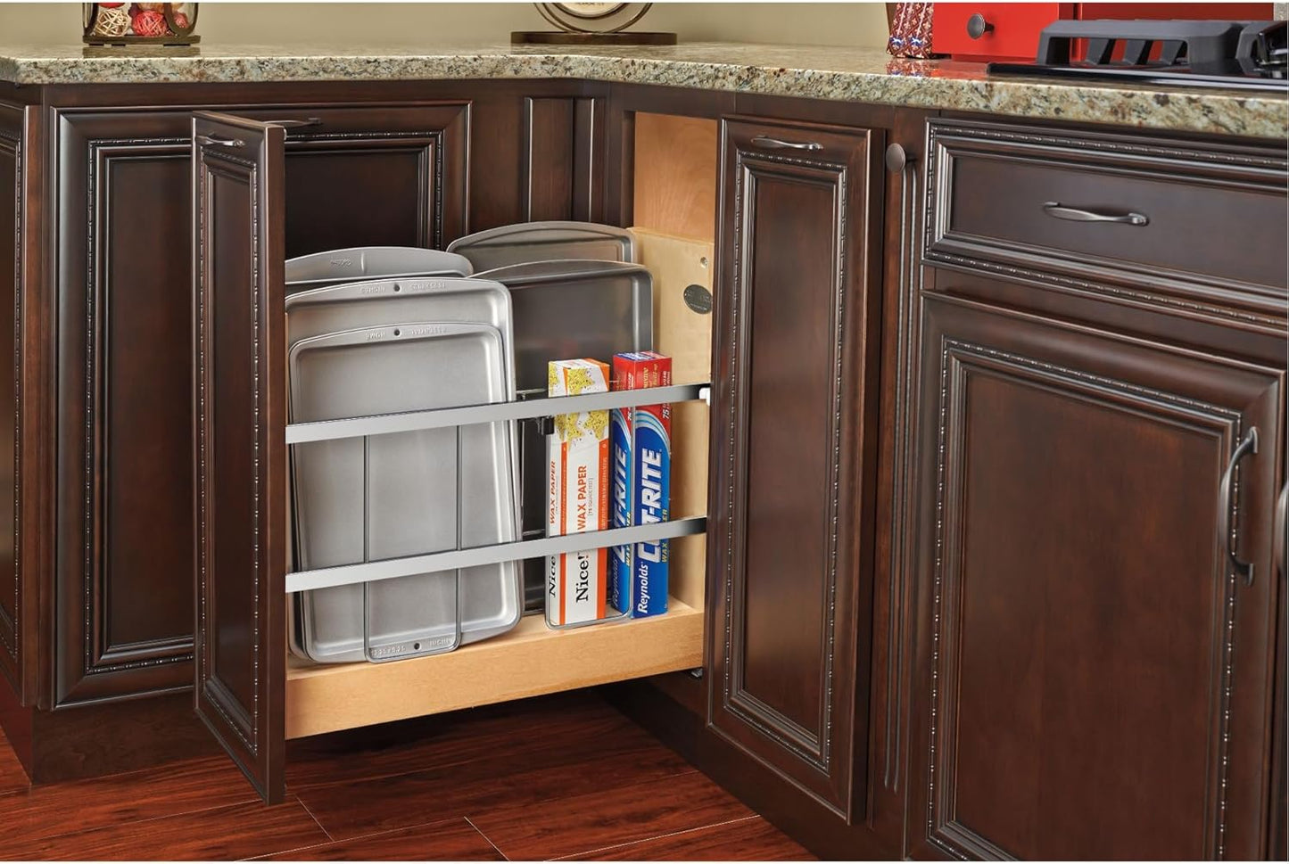 Rev-A-Shelf 5" Pullout Wooden Bakeware Organizer Shelf for Kitchen Cabinets, Pots and Pans Wire Storage Rack w/Soft-Close Slides, 447-BCSC-5C