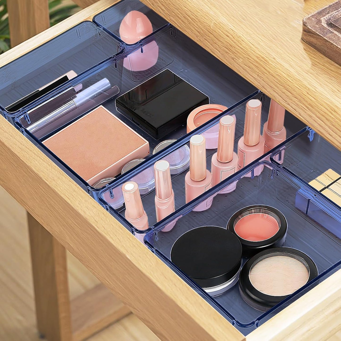 10 PCS Drawer Organizer Set, 5 Varied Size Bathroom and kitchen Drawer cabinet organizer Trays, Clear Storage Bins for Makeup, Jewelry, Utensils and Gadgets, Dark Blue