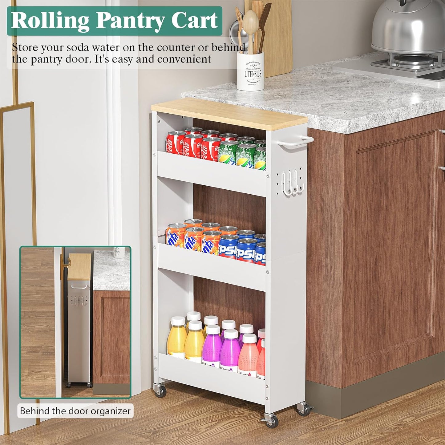 Slim Storage Cart, 4-Tier Kitchen Rolling Cart Narrow Storage Cabinet with Handle & Wheels, Metal Rolling Shelf Unit for Kitchen Bathroom Laundry Small Places (5.9IN White/Natural)