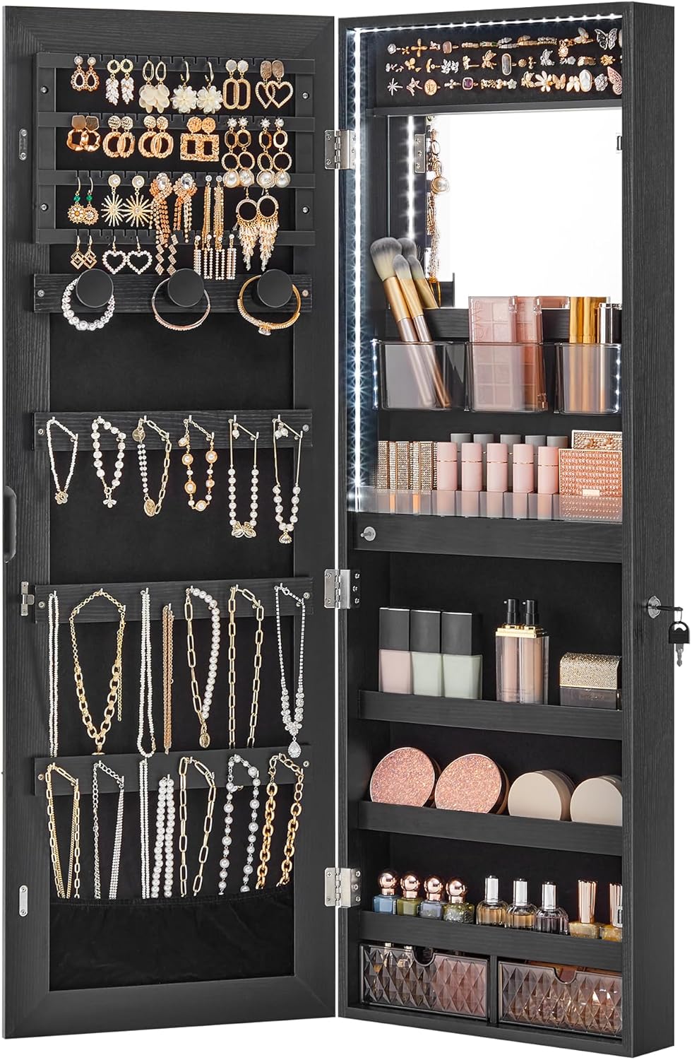 SONGMICS Jewelry Cabinet Armoire Organizer with LED Lights, Wall-Mounted Storage Cabinet with Full-Length Frameless Mirror, Built-in Makeup Mirror, 2 Drawers, Lockable, Christmas Gift, Black