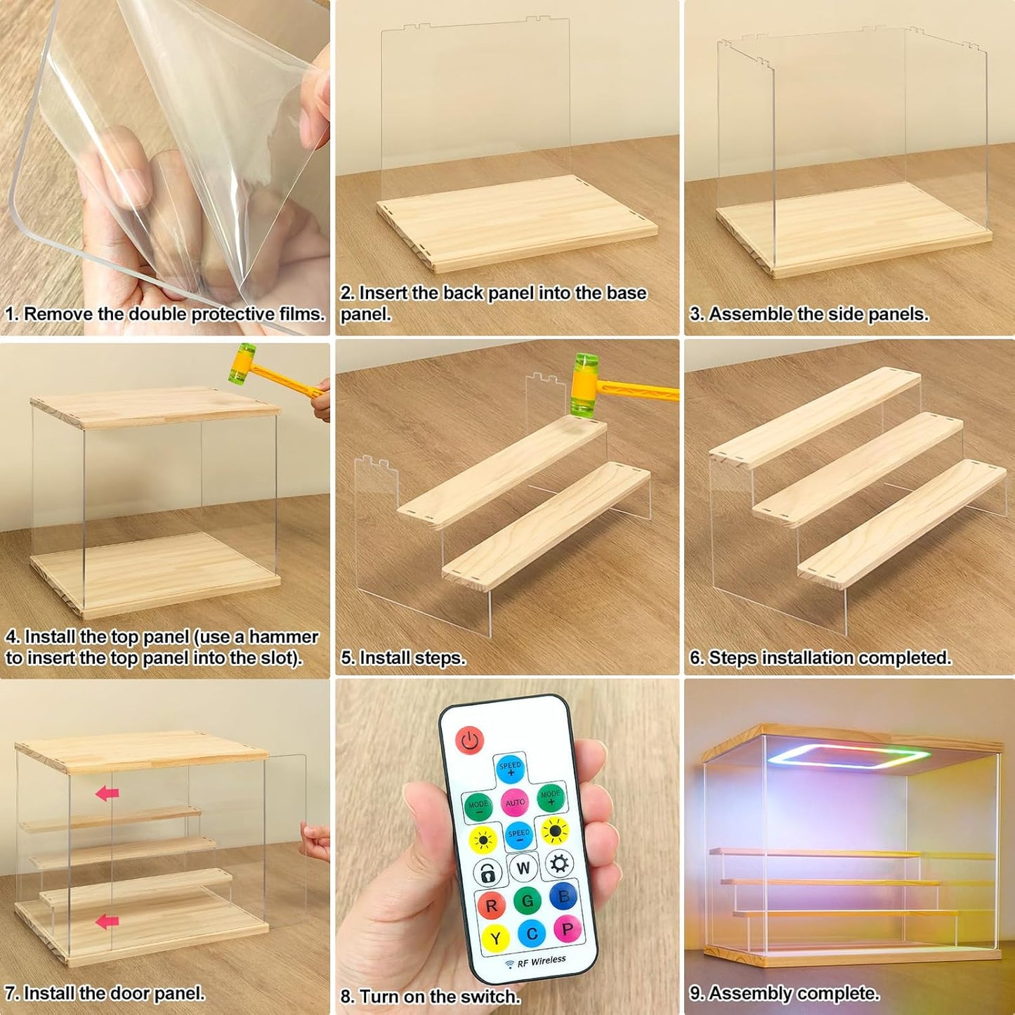 NONEMEY Clear Acrylic Display Case with Light ,3/4/5/6 Tier Multiple Color Lights via Remote Control Dustproof Display Box for Collectibles Figures Mini Toys (4Tier 12.4*9.6*10.4inch)