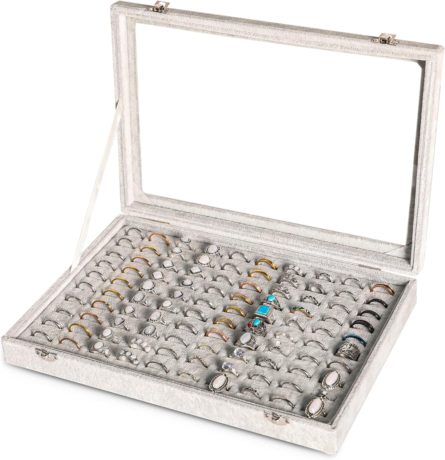 Frebeauty Ring Organizer Tray 100 Slots Ring Holder with Clear Lid Velvet Storage Box Jewelry Tray for Jewelry Store Earring Display Case for Jewelry Show Studs Box for Women(Grey)