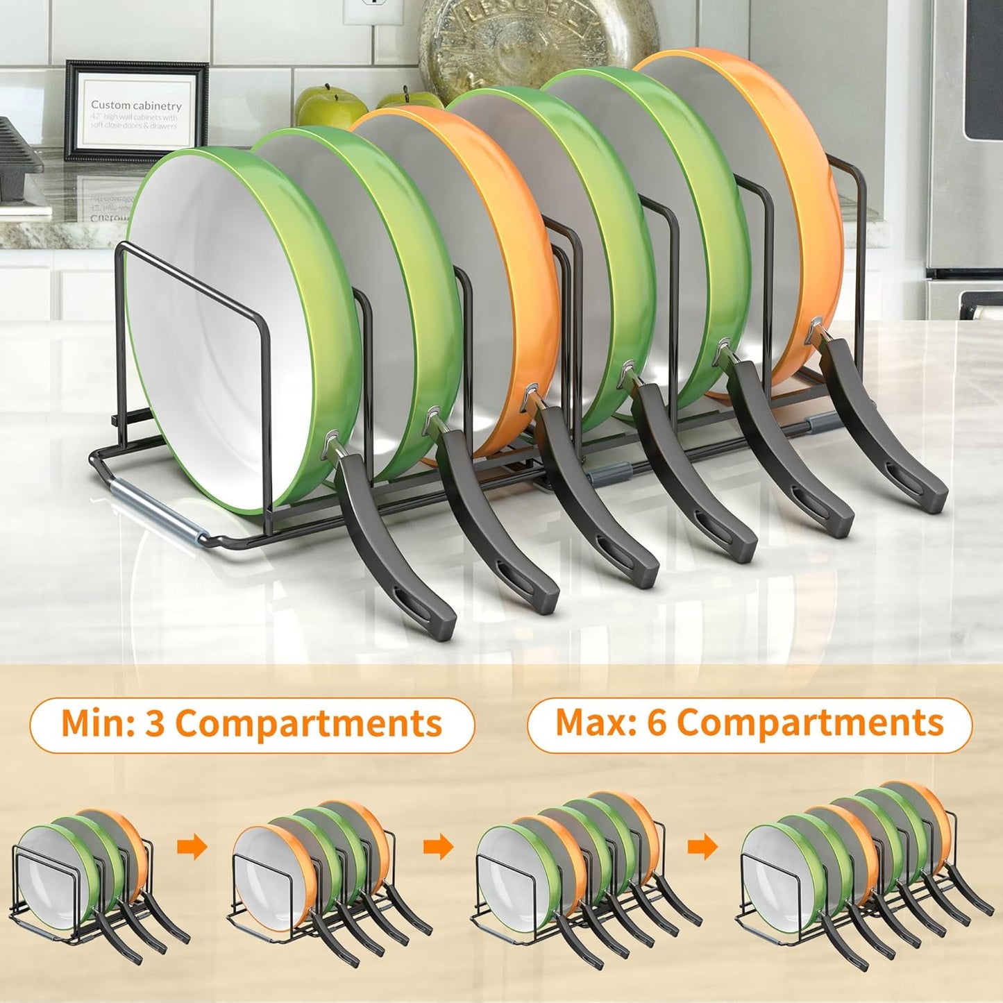 Adjustable 2.2in Pan Organizer Rack - for Pots,Pans,Cutting Boards,Cookie Sheets & Muffin Pans with 6 Slots,Non-Slip-8.7 * 6.8 * 5.5 inch